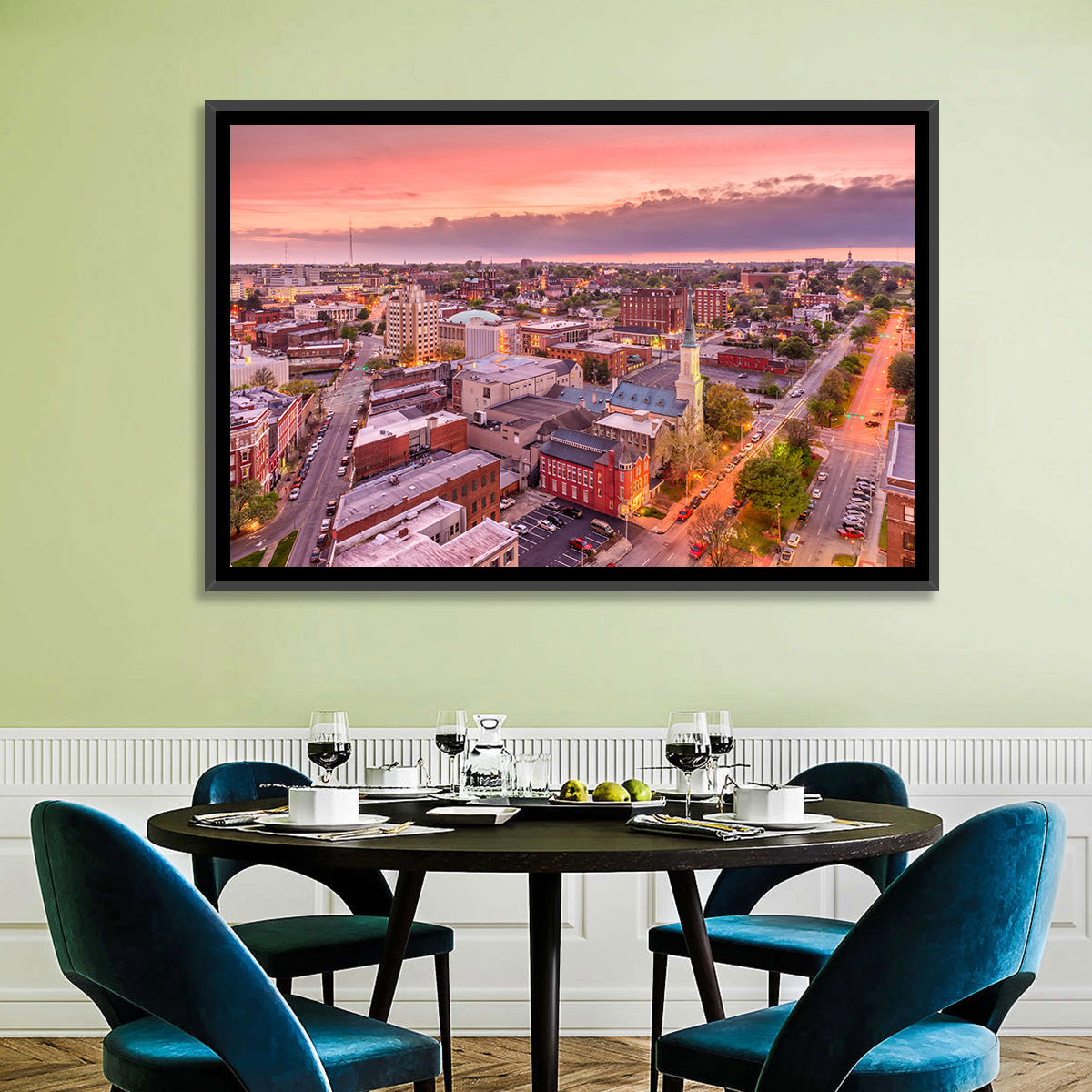 Church Spire at Dusk Wall Art in a room, landscape