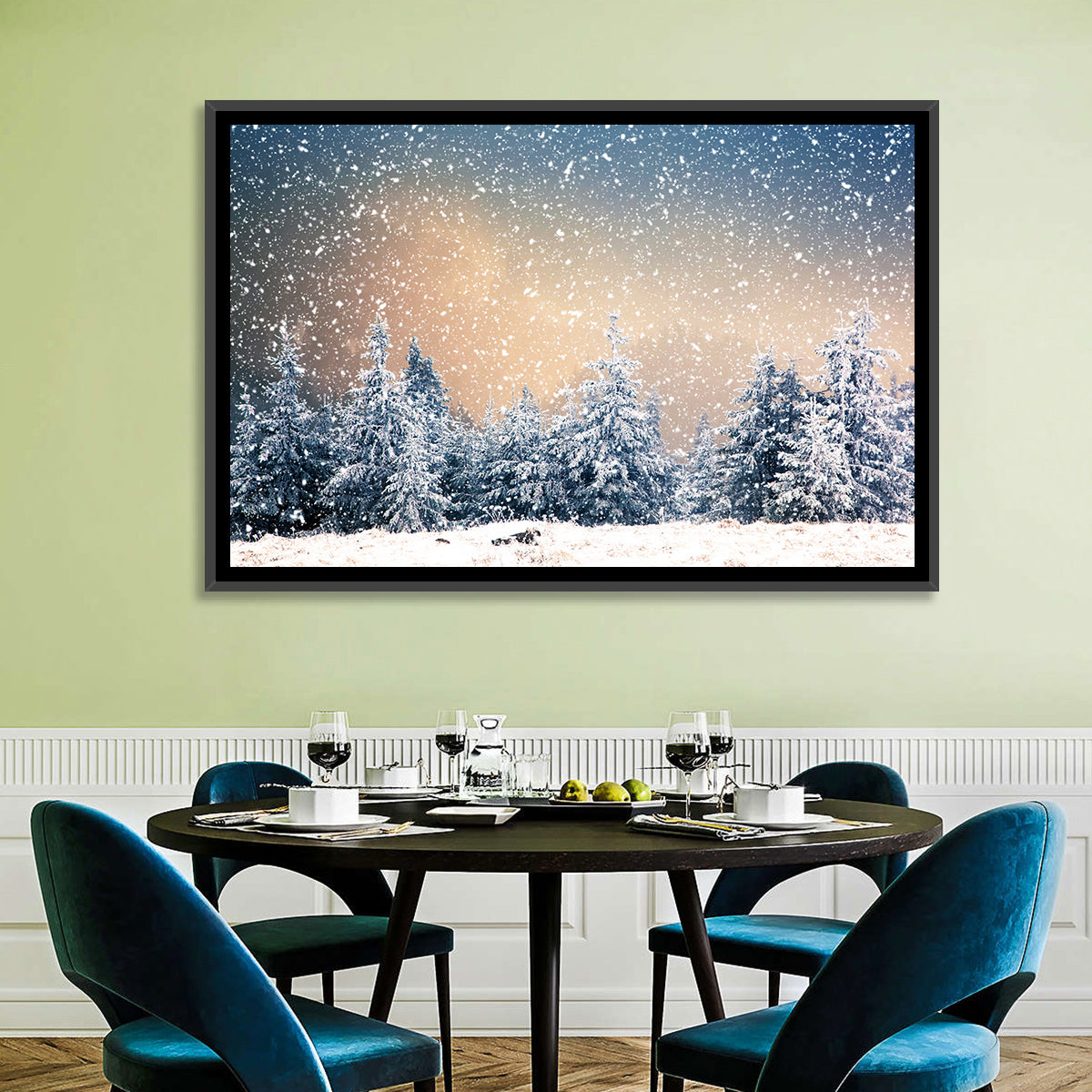 Winter Forest Wonderland Wall Art in a room, landscape