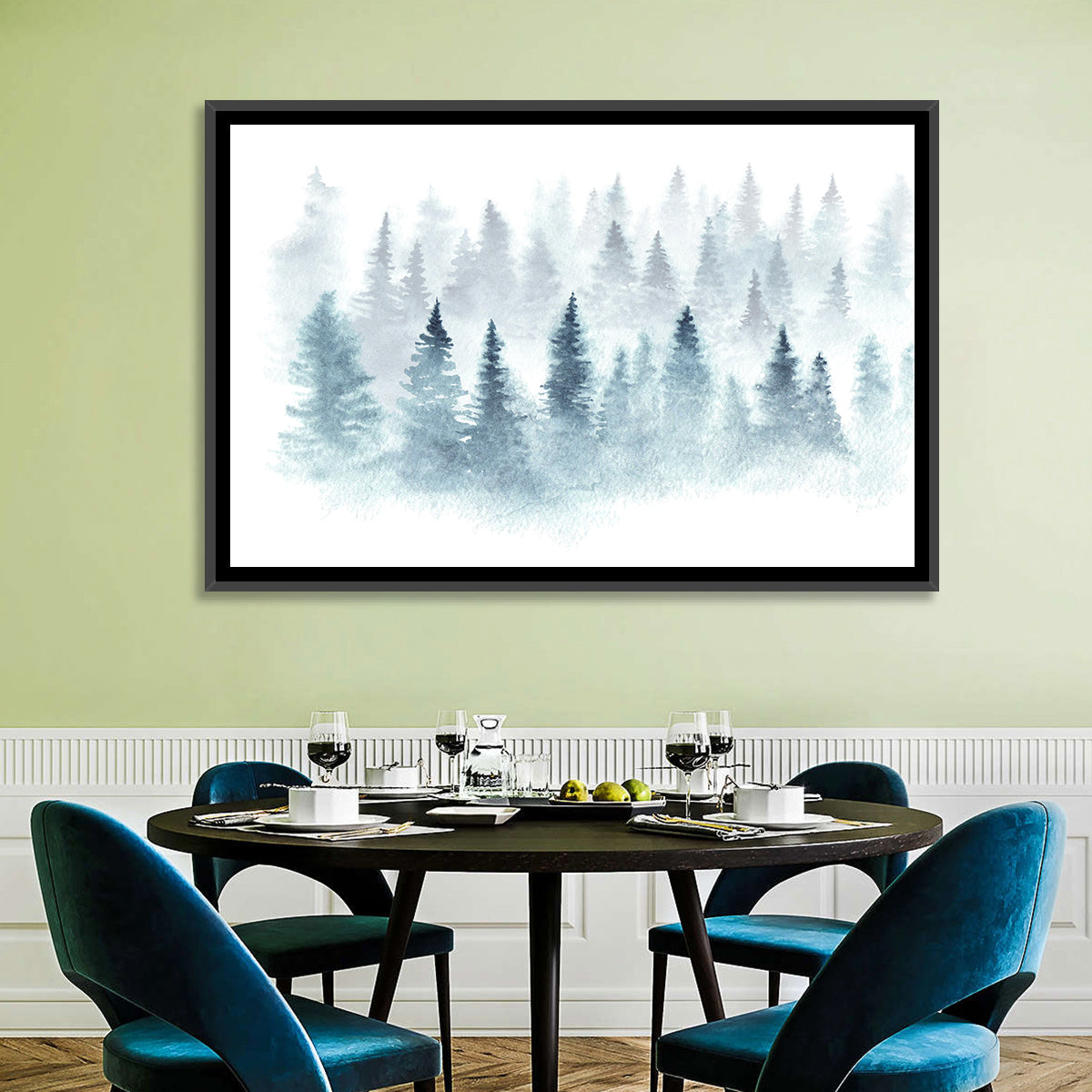 Misty Pine Forest Watercolor Wall Art in a room, landscape