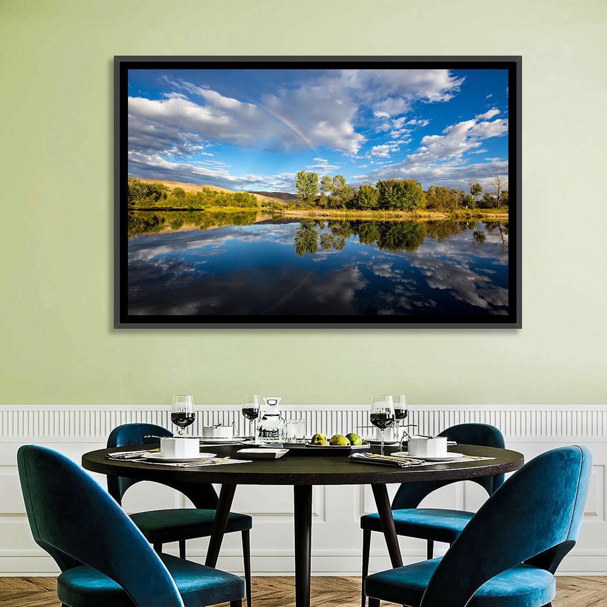 Boise River Rainbow Reflection Wall Art in a room, landscape