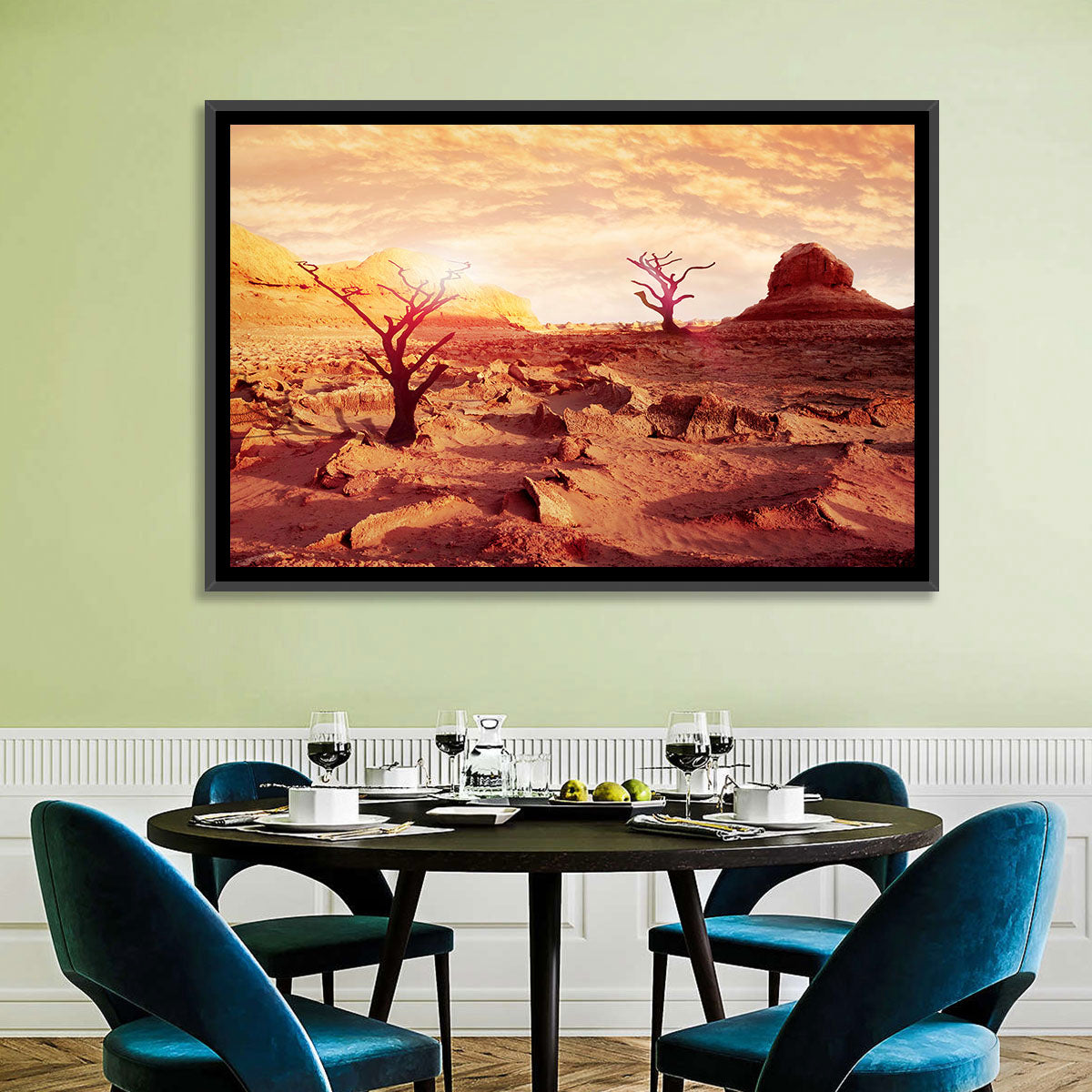 Gnarled Trees at Desert Sunset Wall Art in a room, landscape