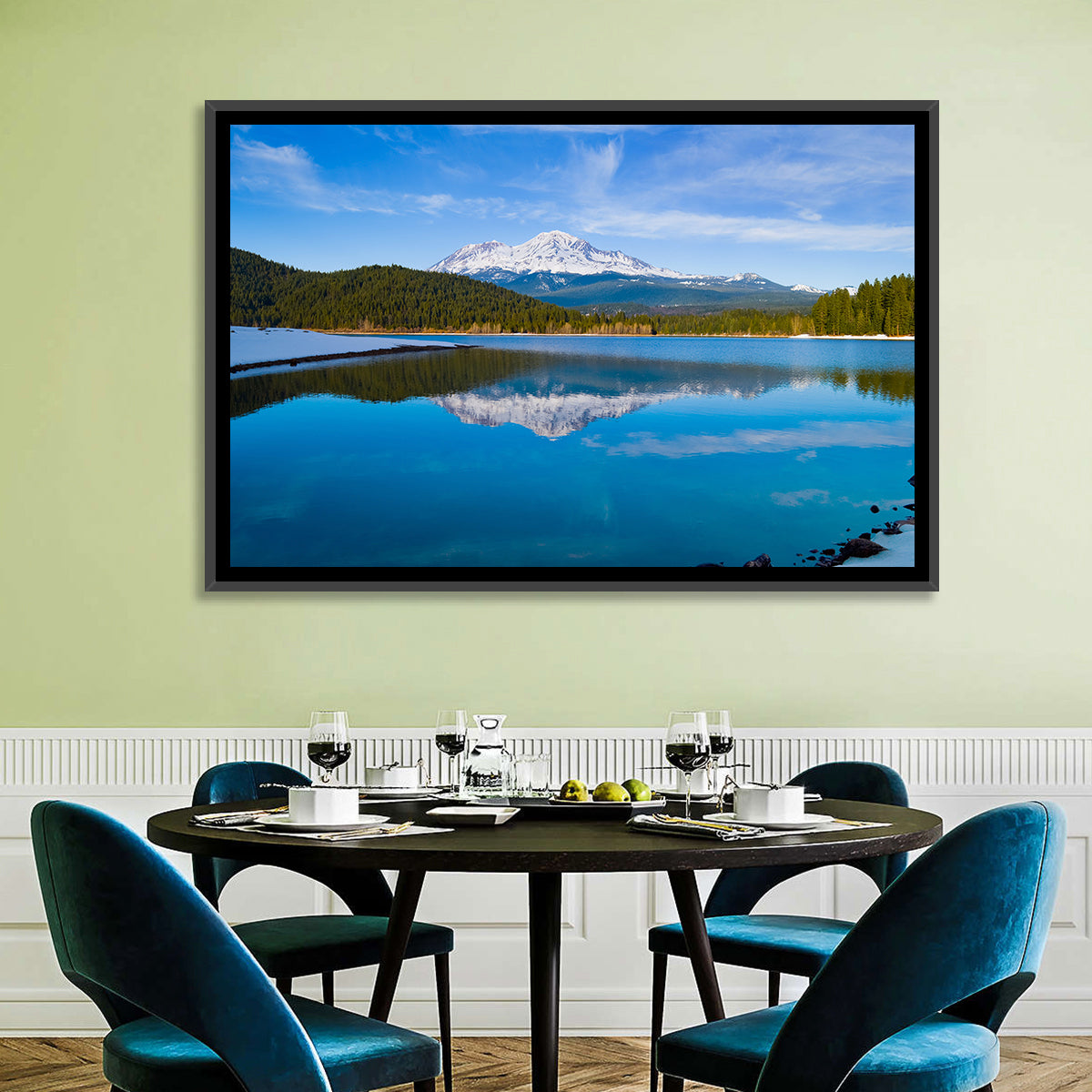 California Mountain Lake Reflection Wall Art in a room, landscape
