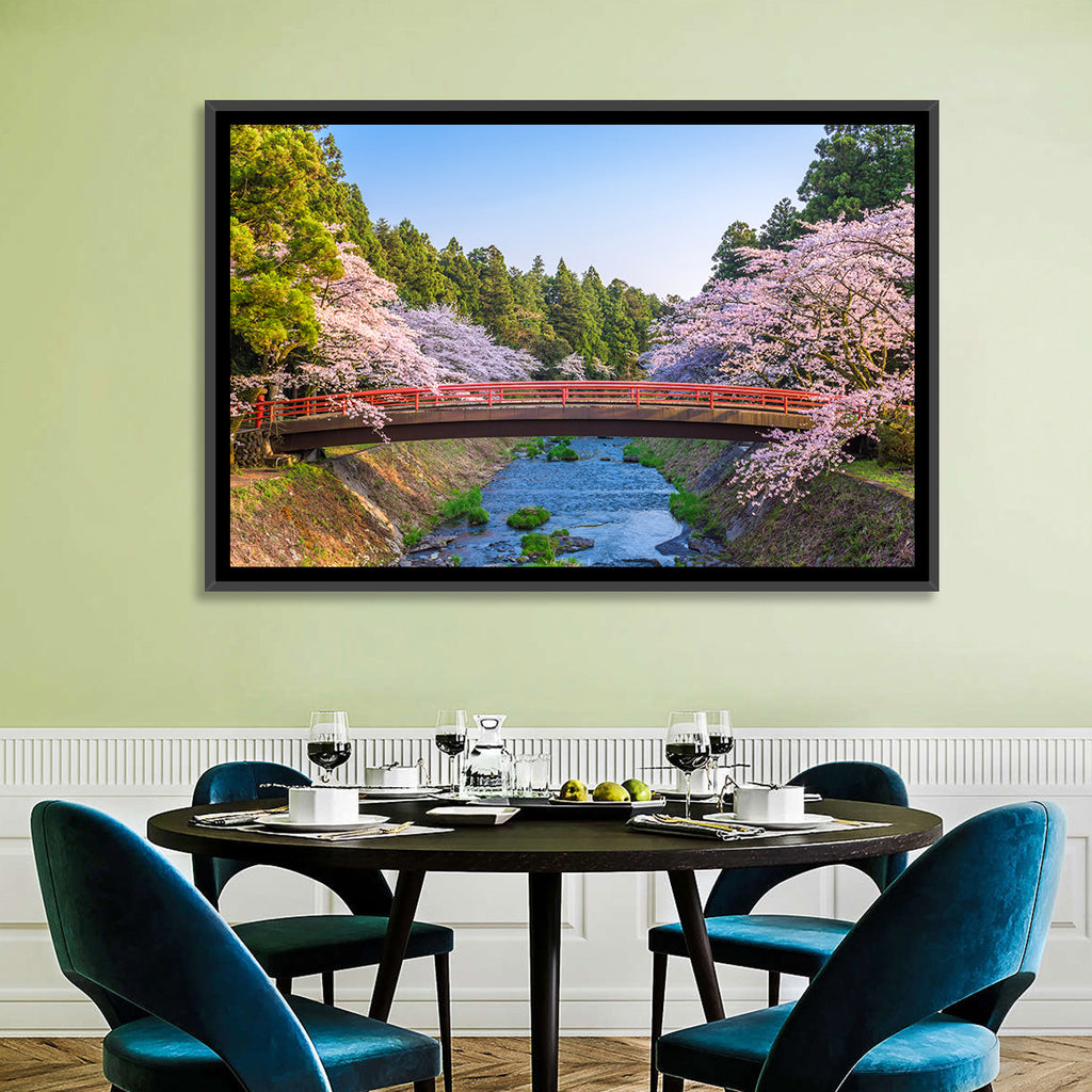 Arched Red Bridge with Cherry Blossoms Wall Art