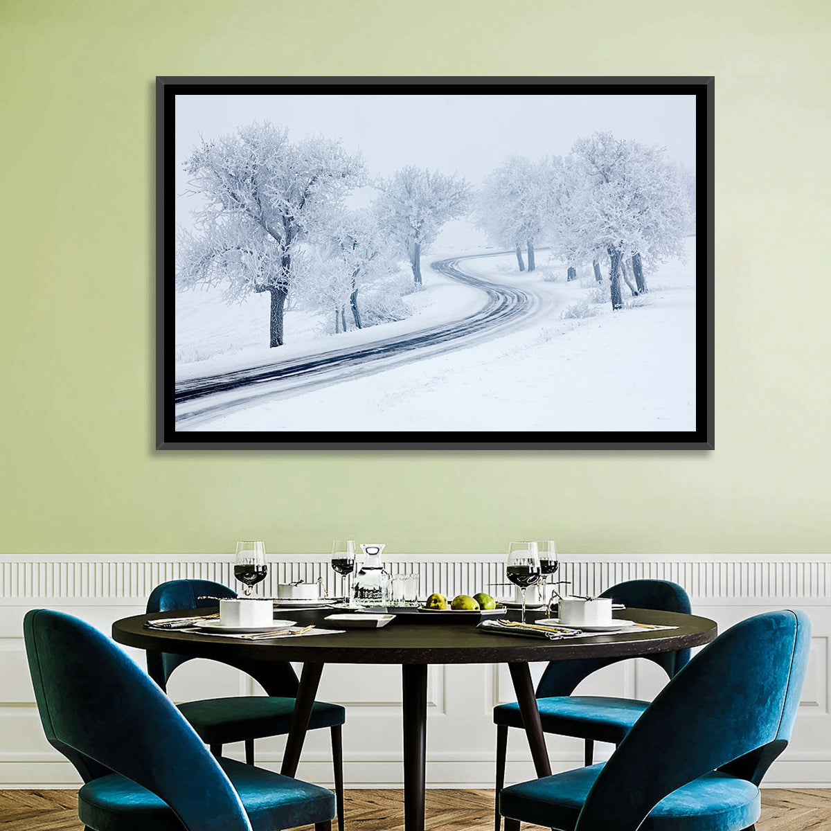 Misty Winter S-curve Road Wall Art in a room, landscape