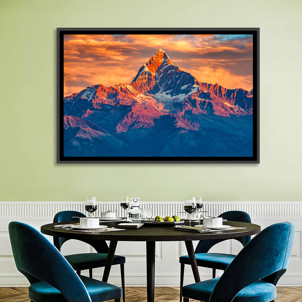 Machhapuchhre Sunrise Over Pokhara Wall Art in a room, landscape