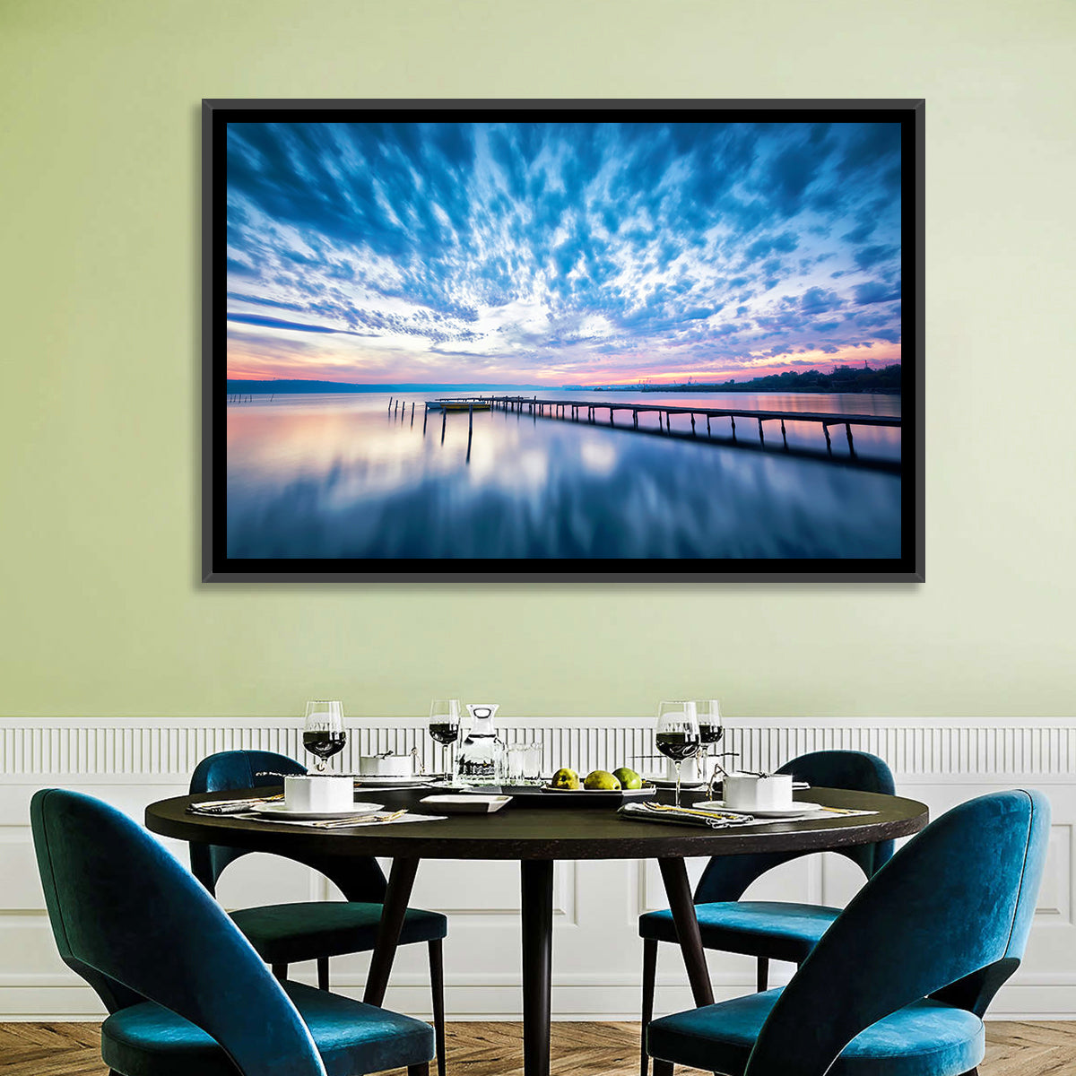 Cloudy Lake Pier at Dusk Wall Art