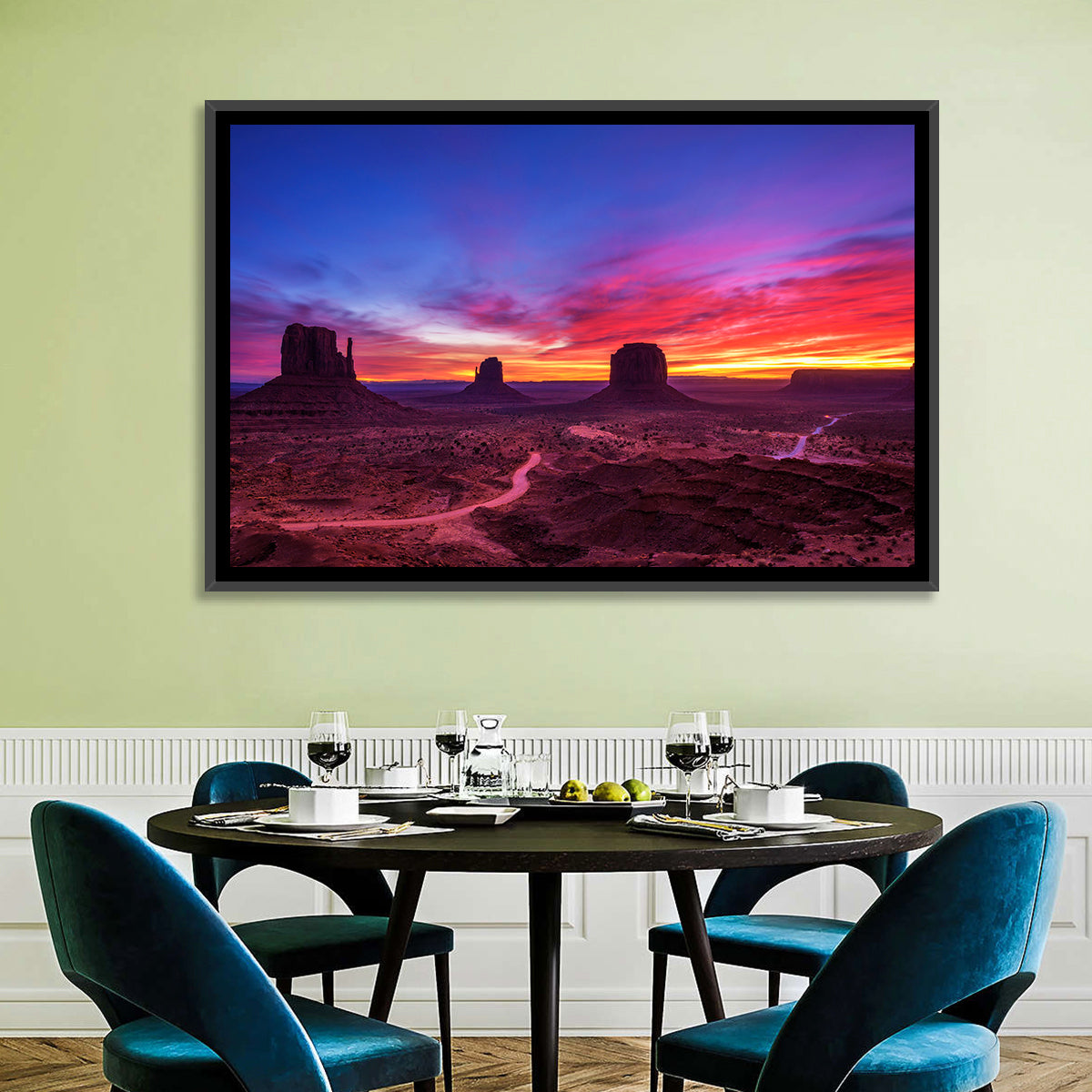 Monument Valley Arizona Sunset Wall Art in a room, landscape