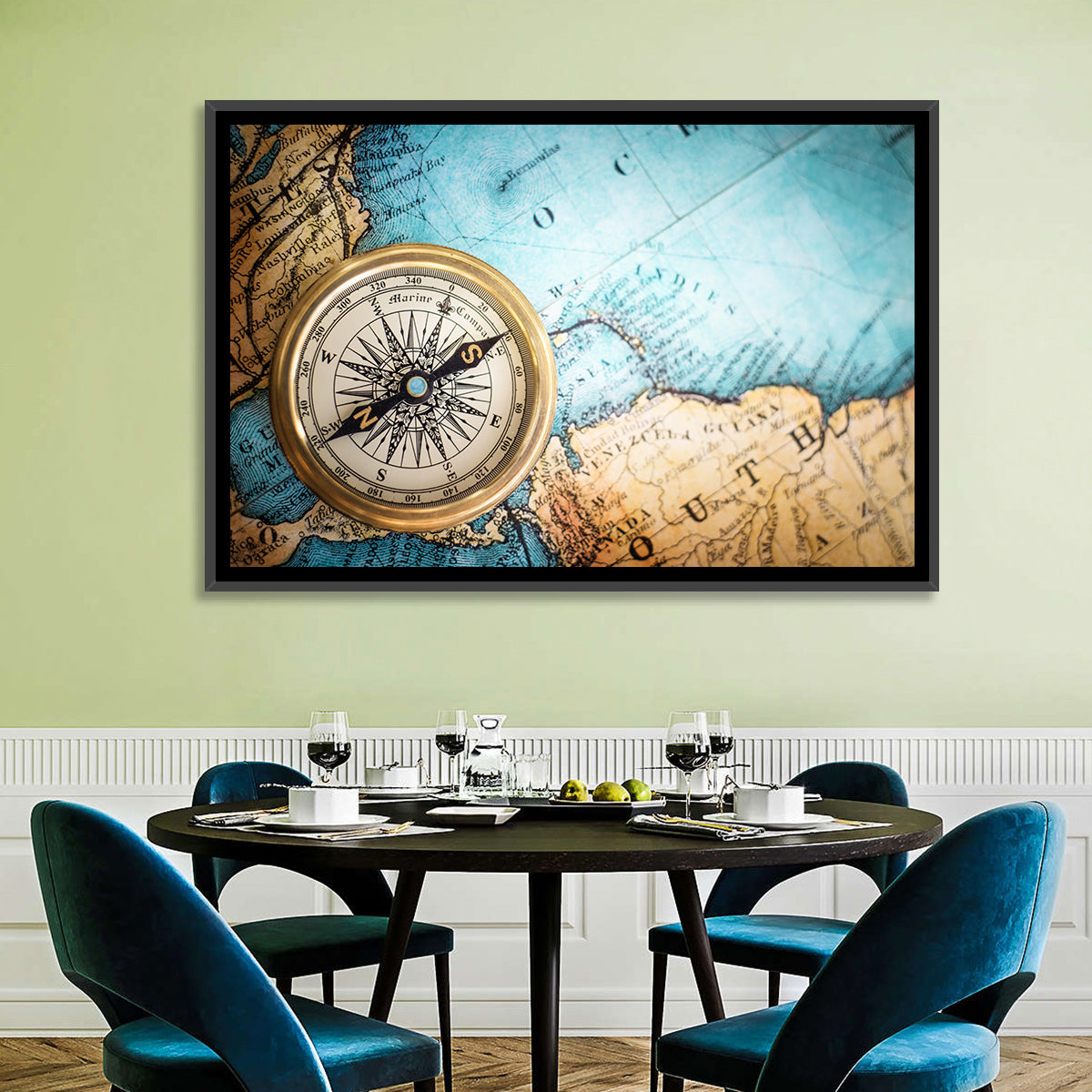 Vintage Compass Over Atlantic Map Wall Art