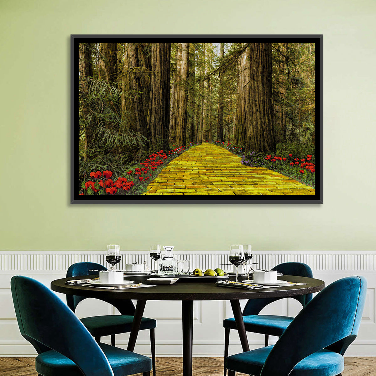 Yellow Brick Path Through Redwoods Wall Art in a room, landscape