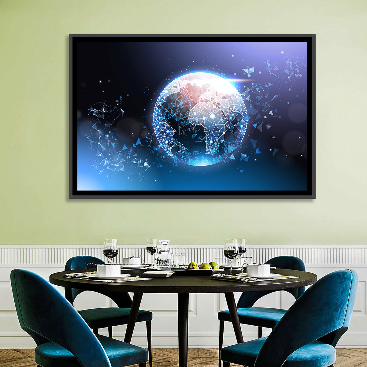 Wireframe Globe Network Wall Art in a room, landscape