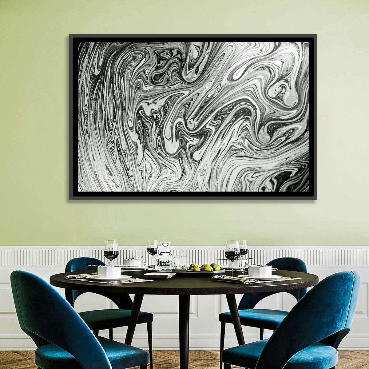 Ink Swirl Monochrome Abstract Wall Art in a room, landscape