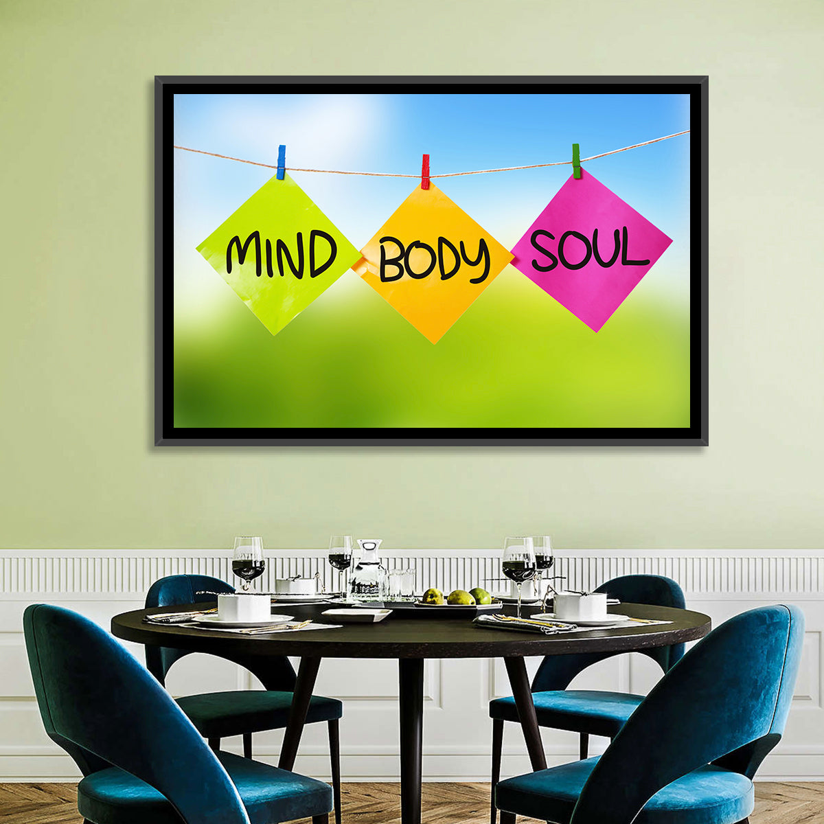 Mind Body Soul Paper Trio Wall Art in a room, landscape