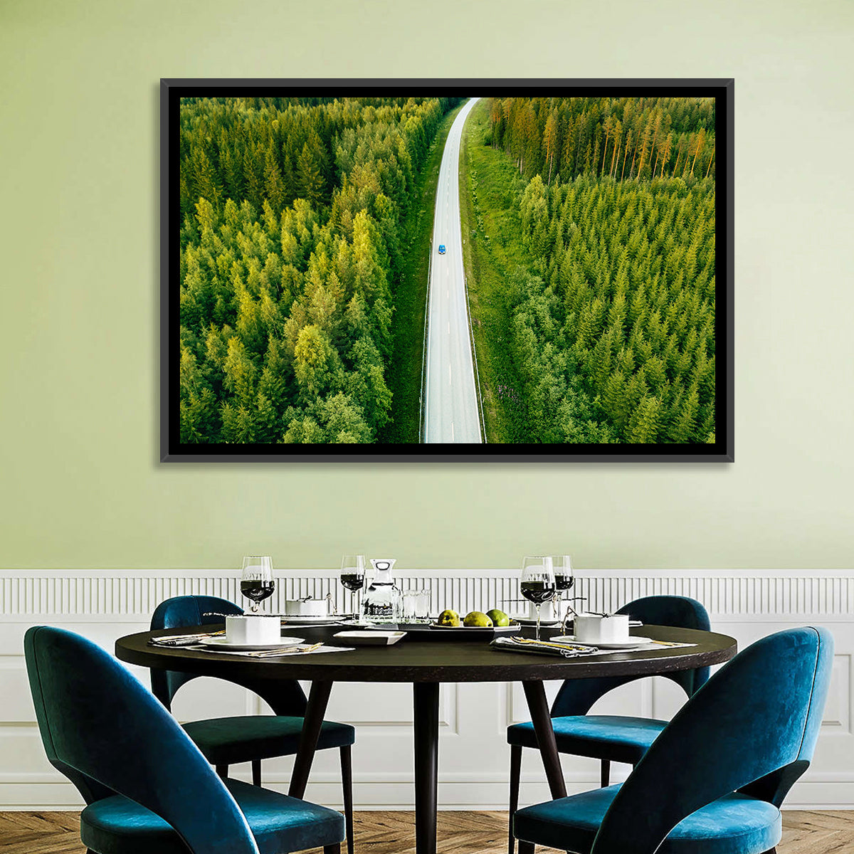 Blue Car on Forest Road Wall Art