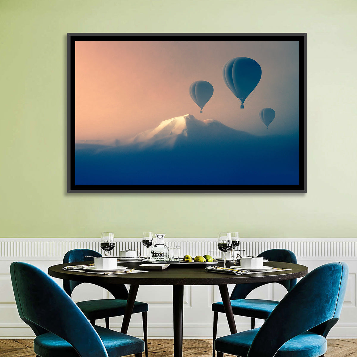 Three Hot Air Balloons Over Misty Peak Wall Art in a room, landscape