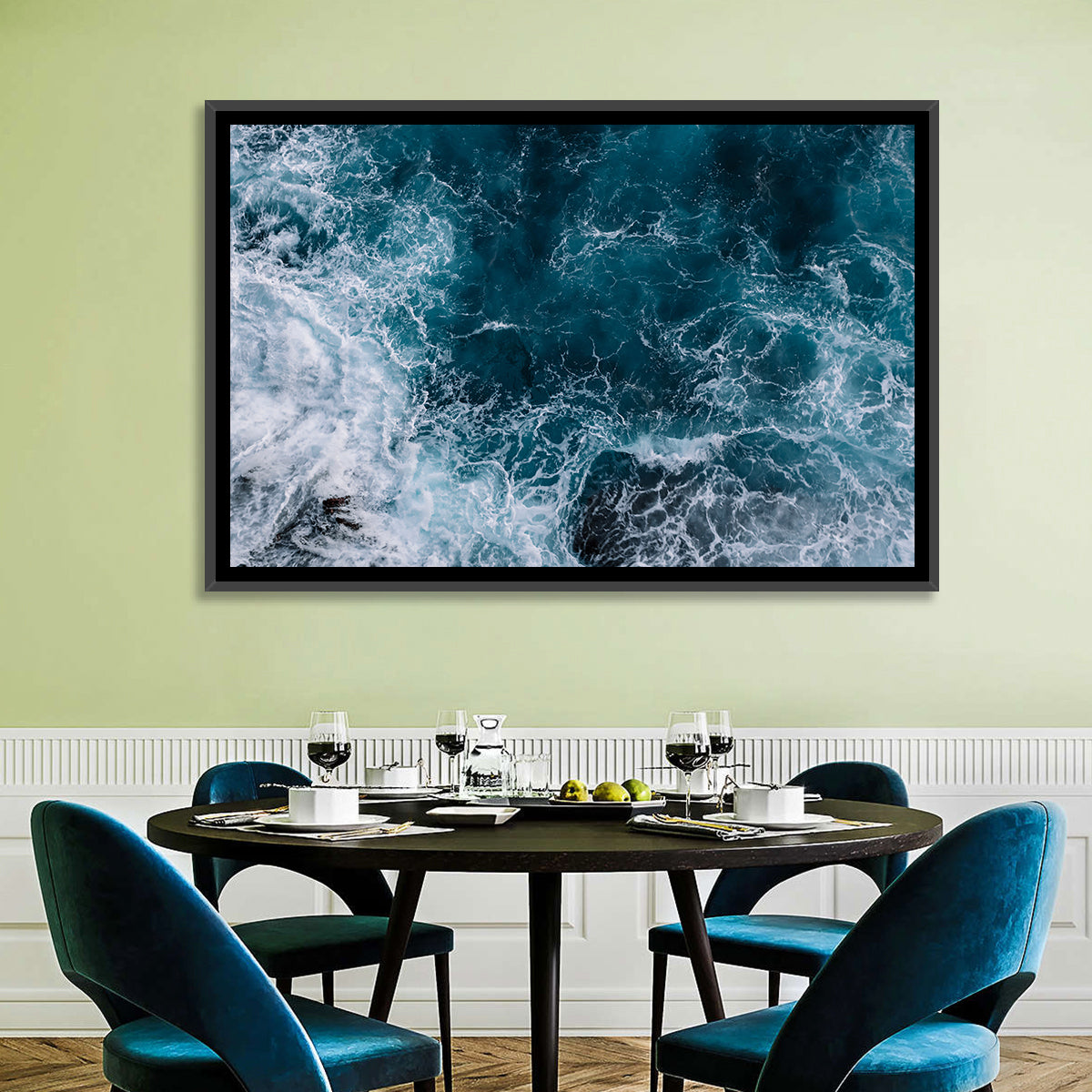 Aerial Swirling Ocean Waves Wall Art in a room, landscape