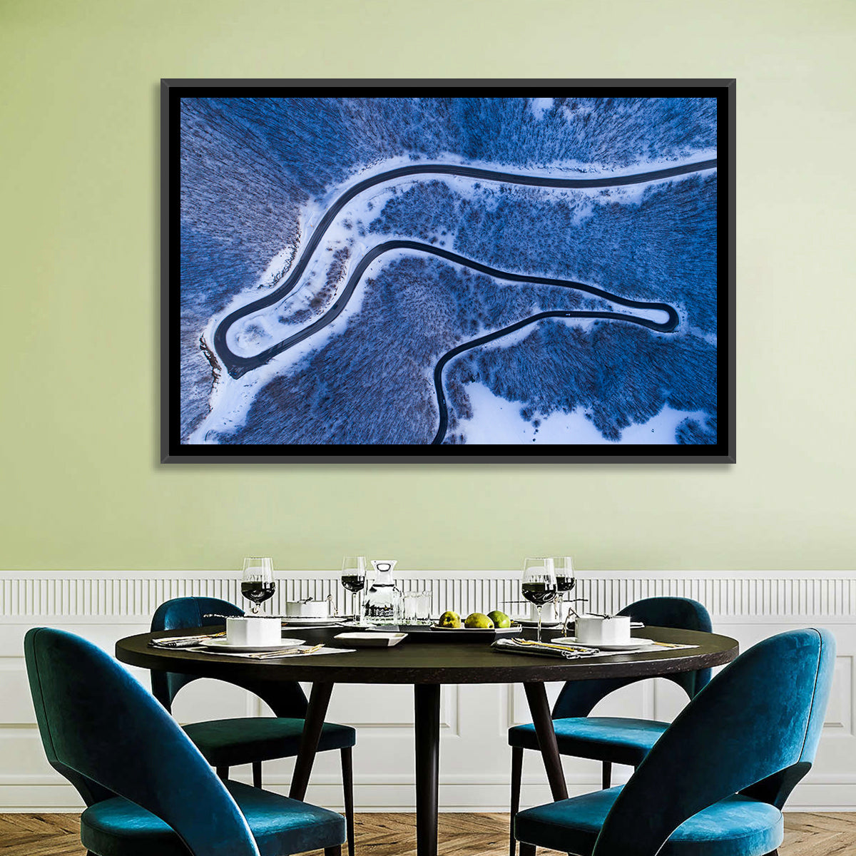 Montenegro Snowy Mountain Road Wall Art in a room, landscape