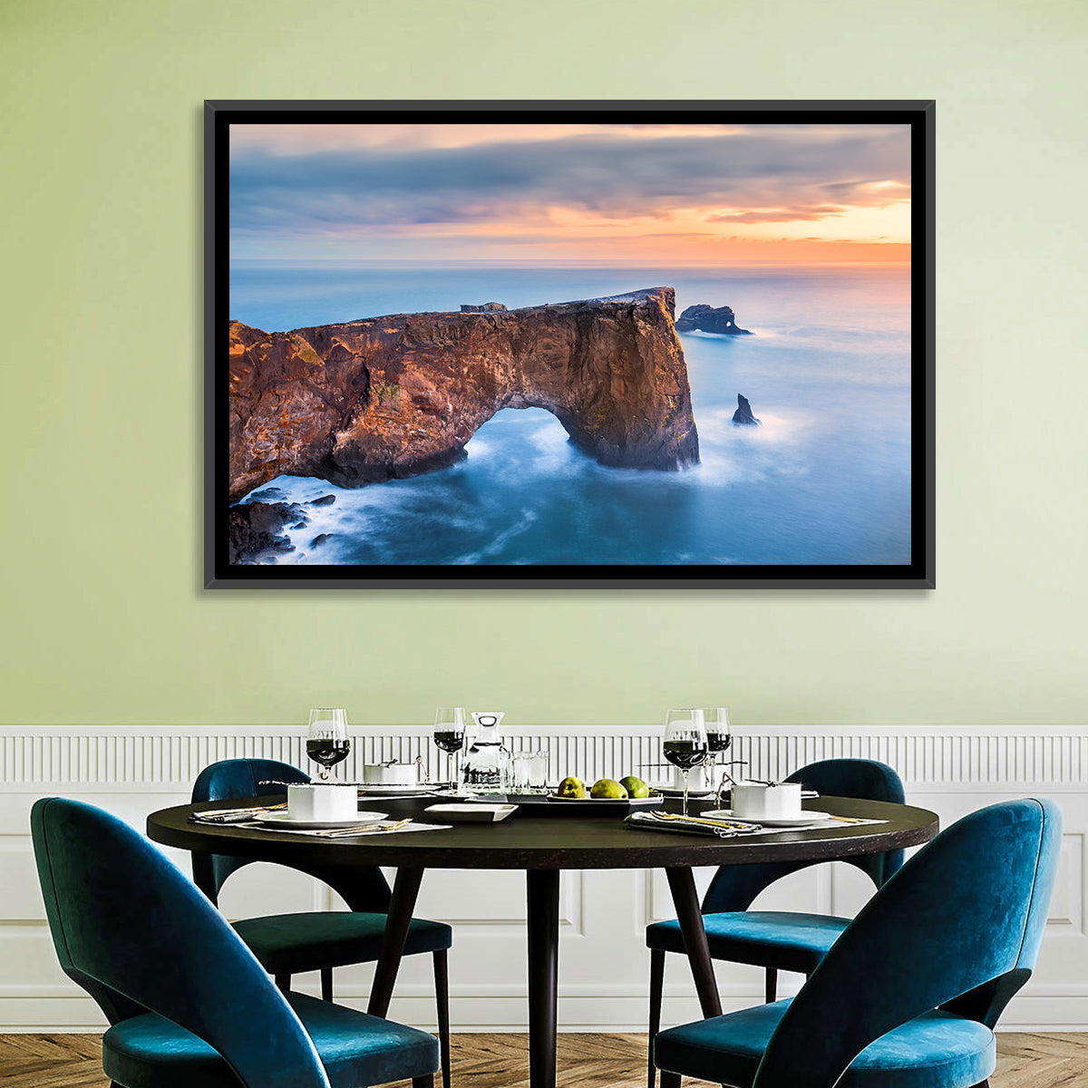 Dyrhólaey Sea Arch at Sunset Wall Art in a room, landscape