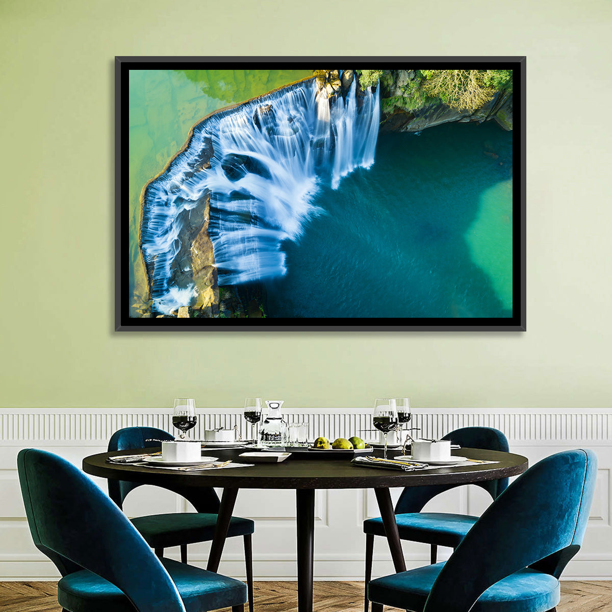 Shifen Waterfall Aerial Wall Art in a room, landscape