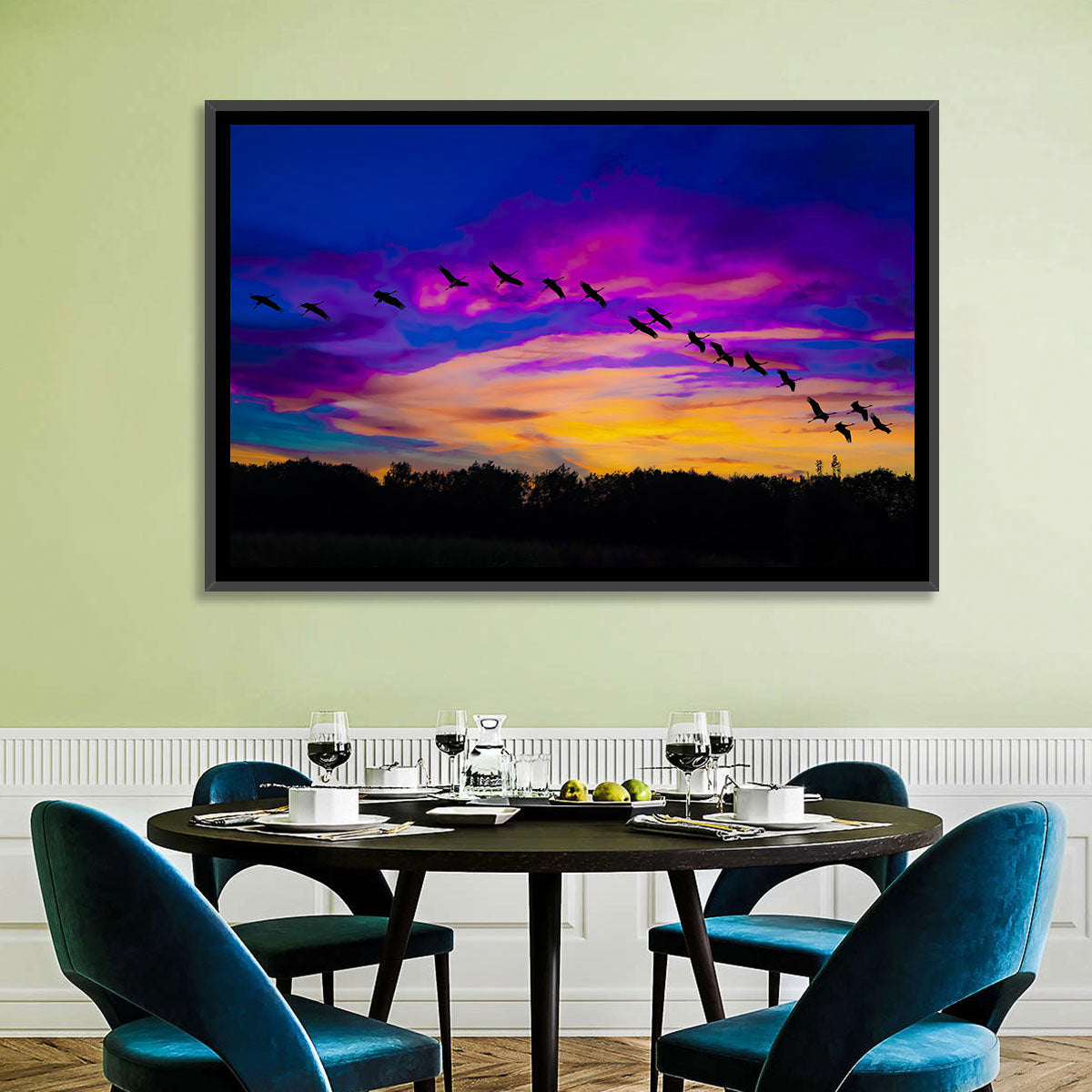 Silhouetted Cranes at Dusk Wall Art