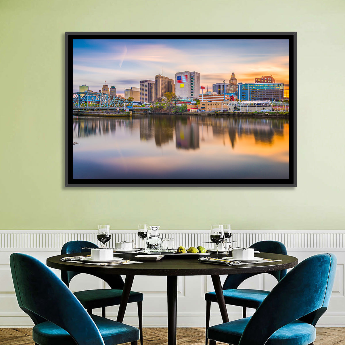 Providence Skyline at Golden Hour Wall Art in a room, landscape