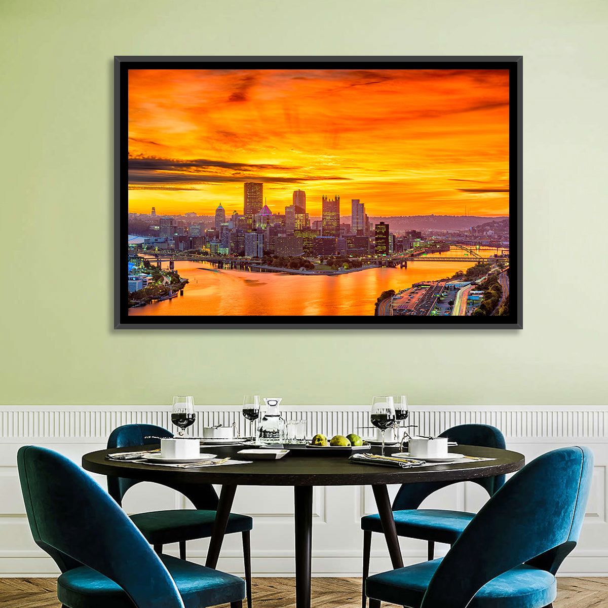 Pittsburgh Skyline at the Point Wall Art in a room, landscape