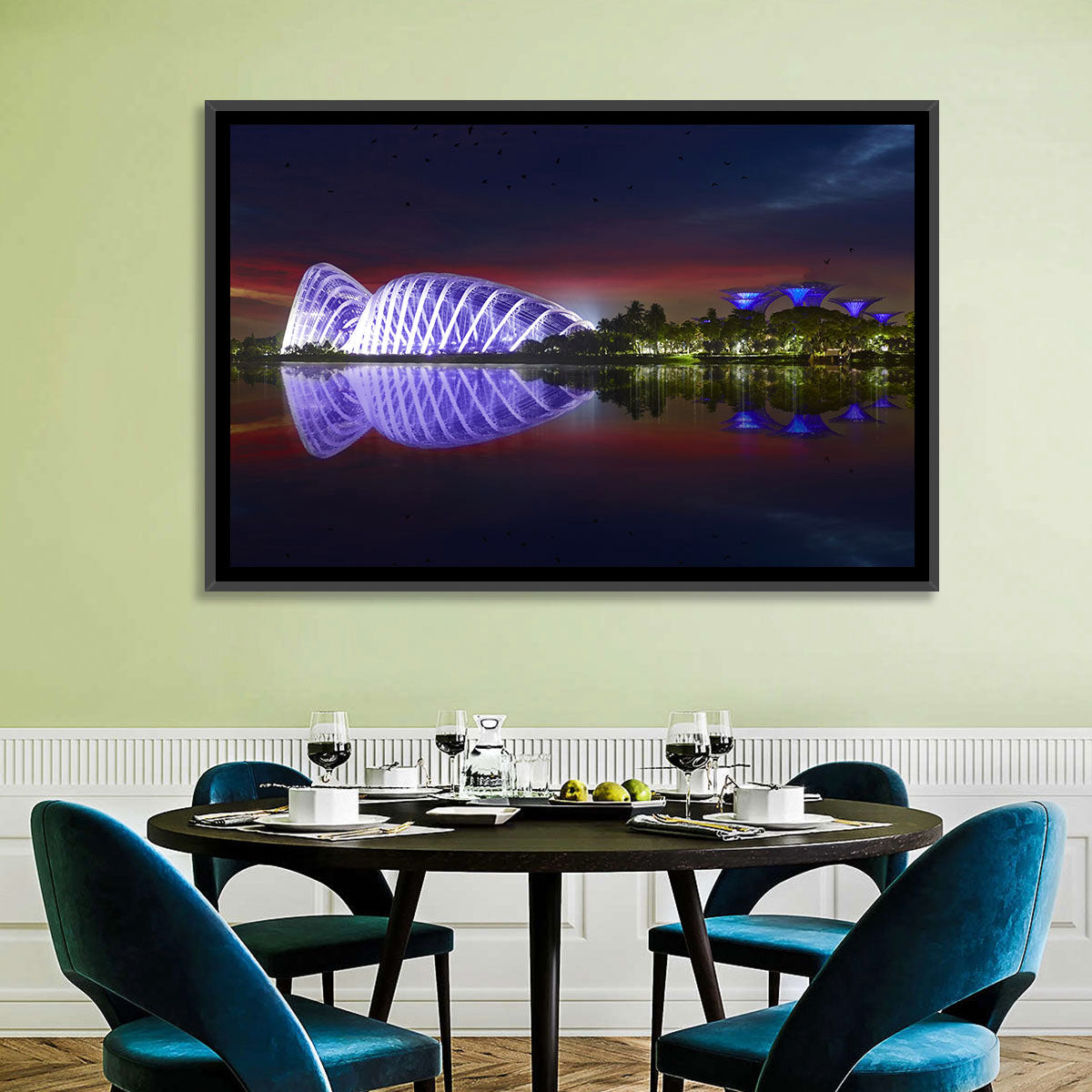 Gardens by the Bay Night Reflection Wall Art in a room, landscape