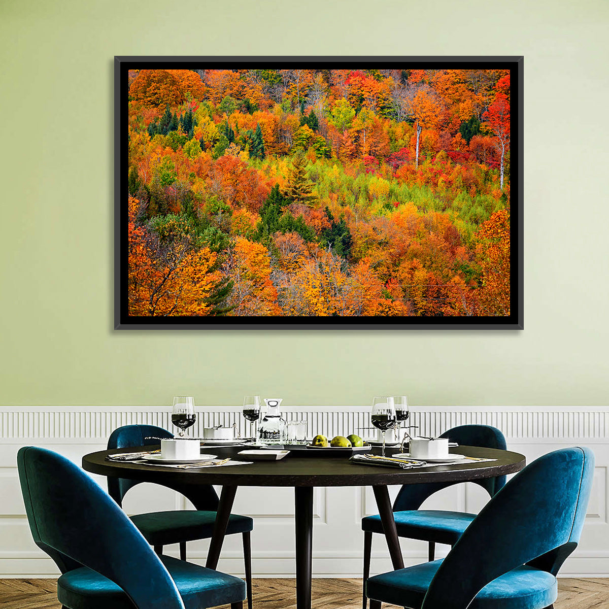 Vermont Autumn Mountain Forest Wall Art in a room, landscape