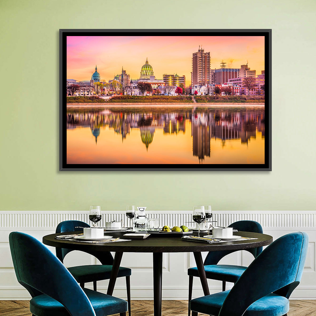 Harrisburg Golden Hour Skyline Wall Art in a room, landscape