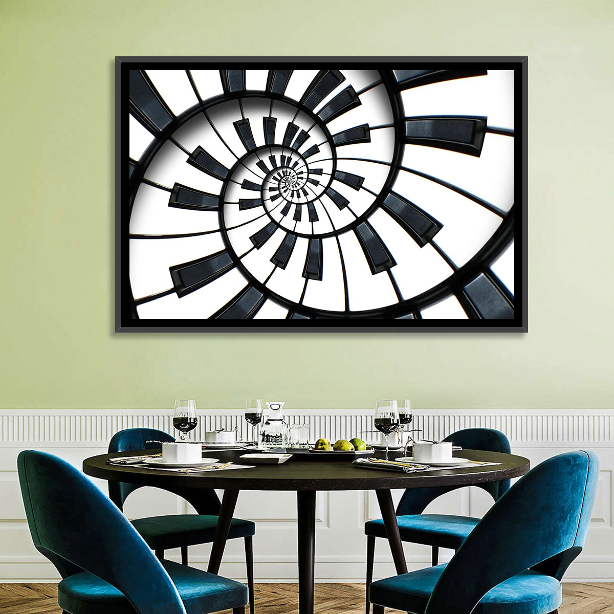 Recursive Spiral Piano Keys Wall Art in a room, landscape