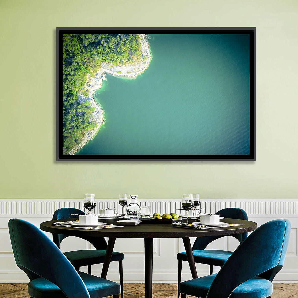 L-shaped Coastline Over Teal Lake Wall Art