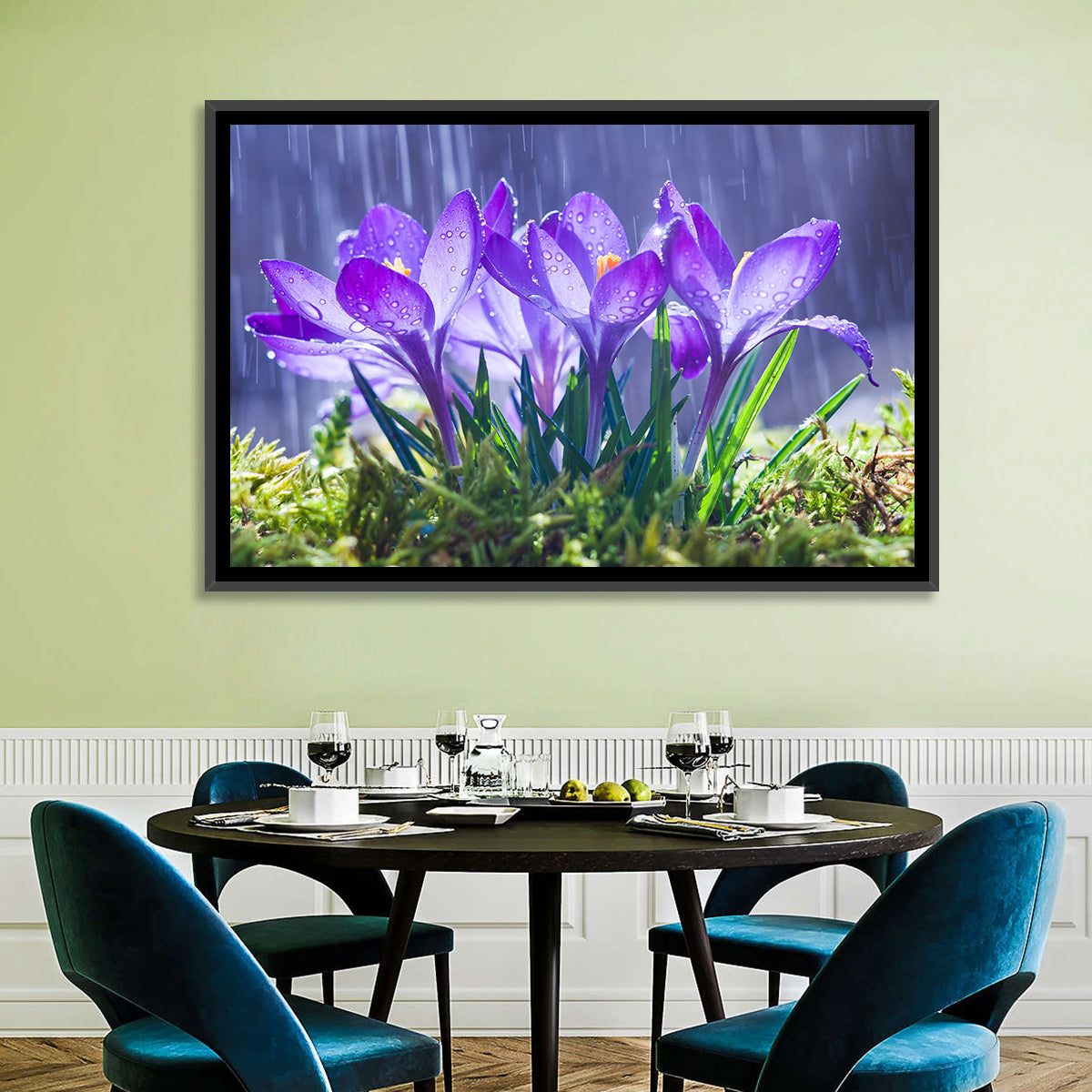 Rainy Purple Crocuses Wall Art in a room, landscape