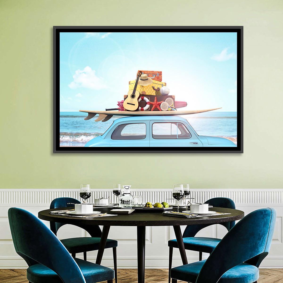 Vintage Car with Surfboard Wall Art in a room, landscape