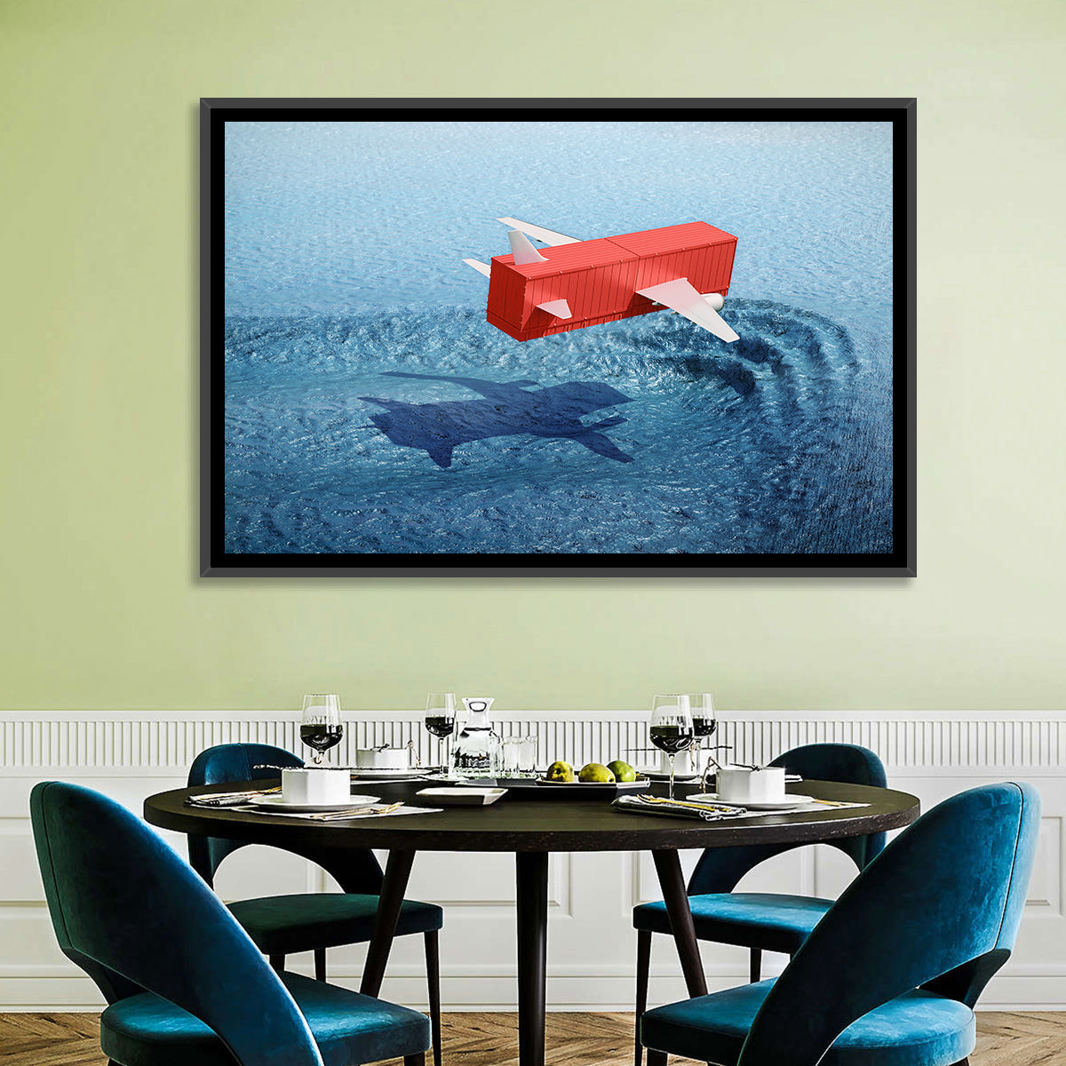 Flying Shipping Container Wall Art in a room, landscape