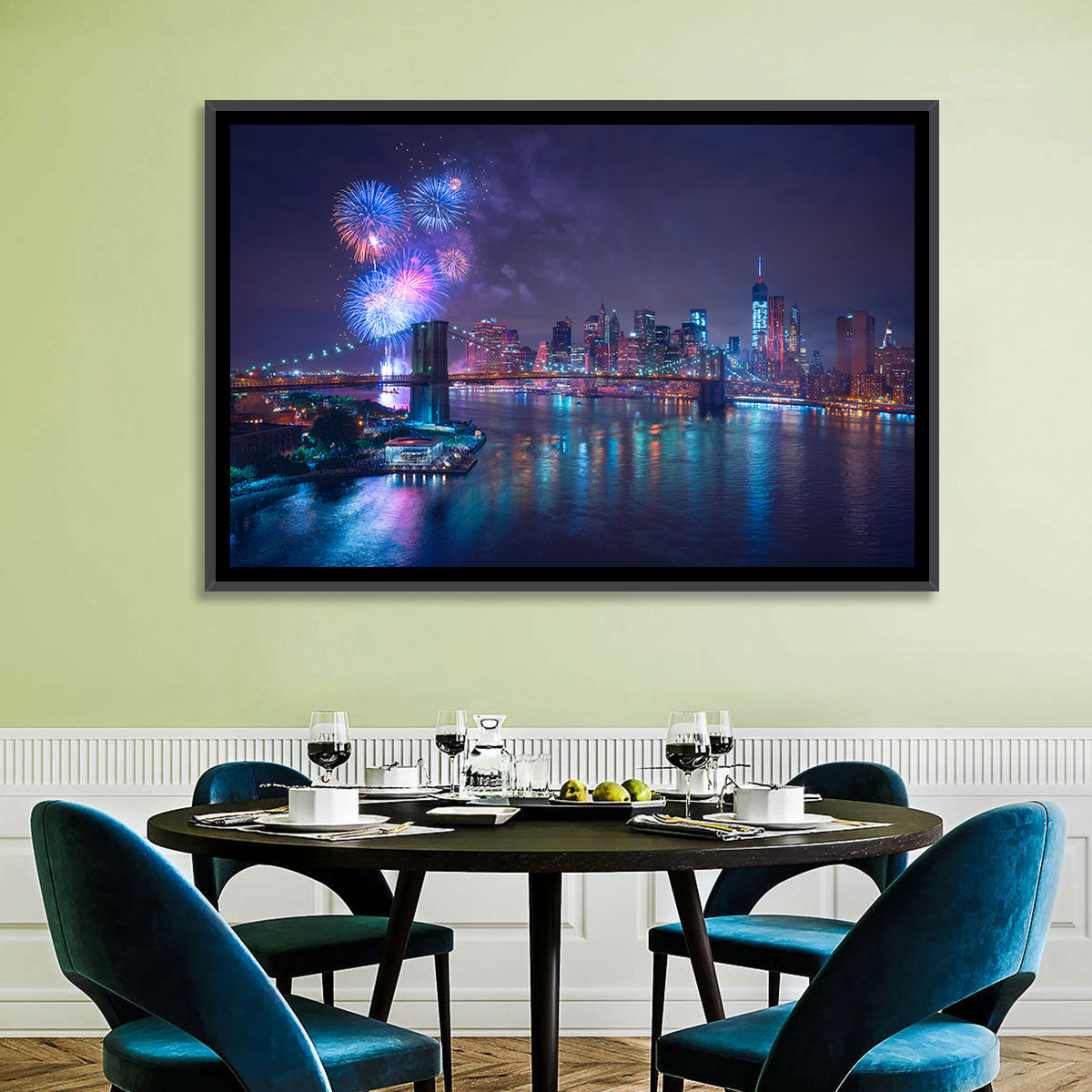 Fireworks Over Brooklyn Bridge Wall Art in a room, landscape