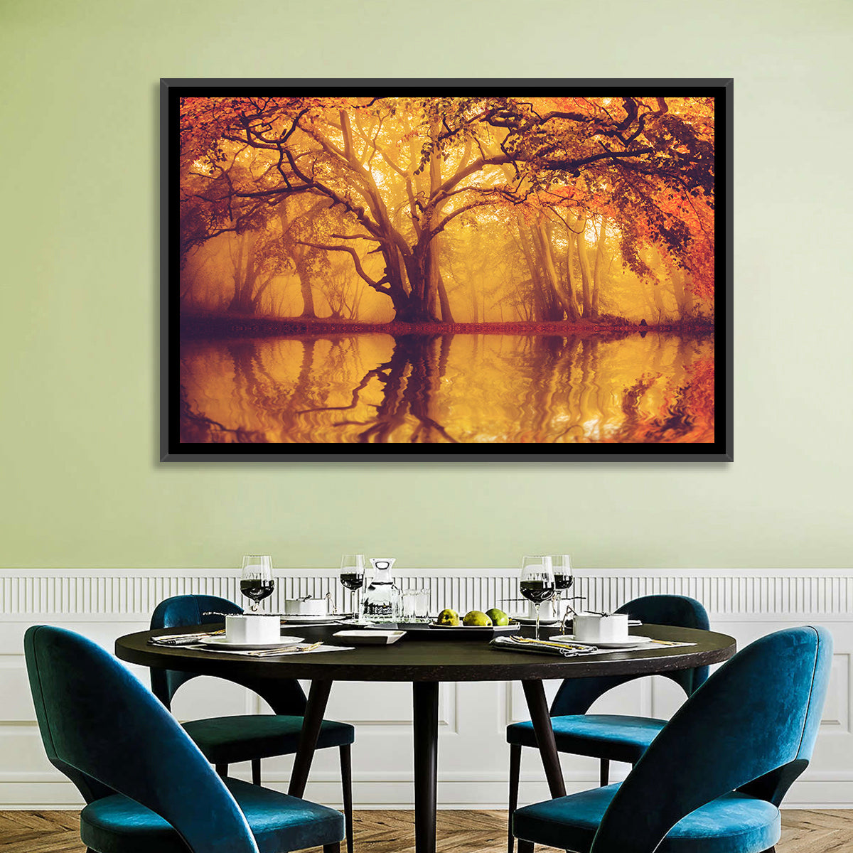 Golden Mist Forest Reflection Wall Art