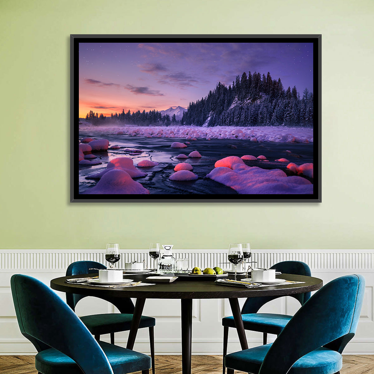Twilight River and Snowy Pines Wall Art in a room, landscape