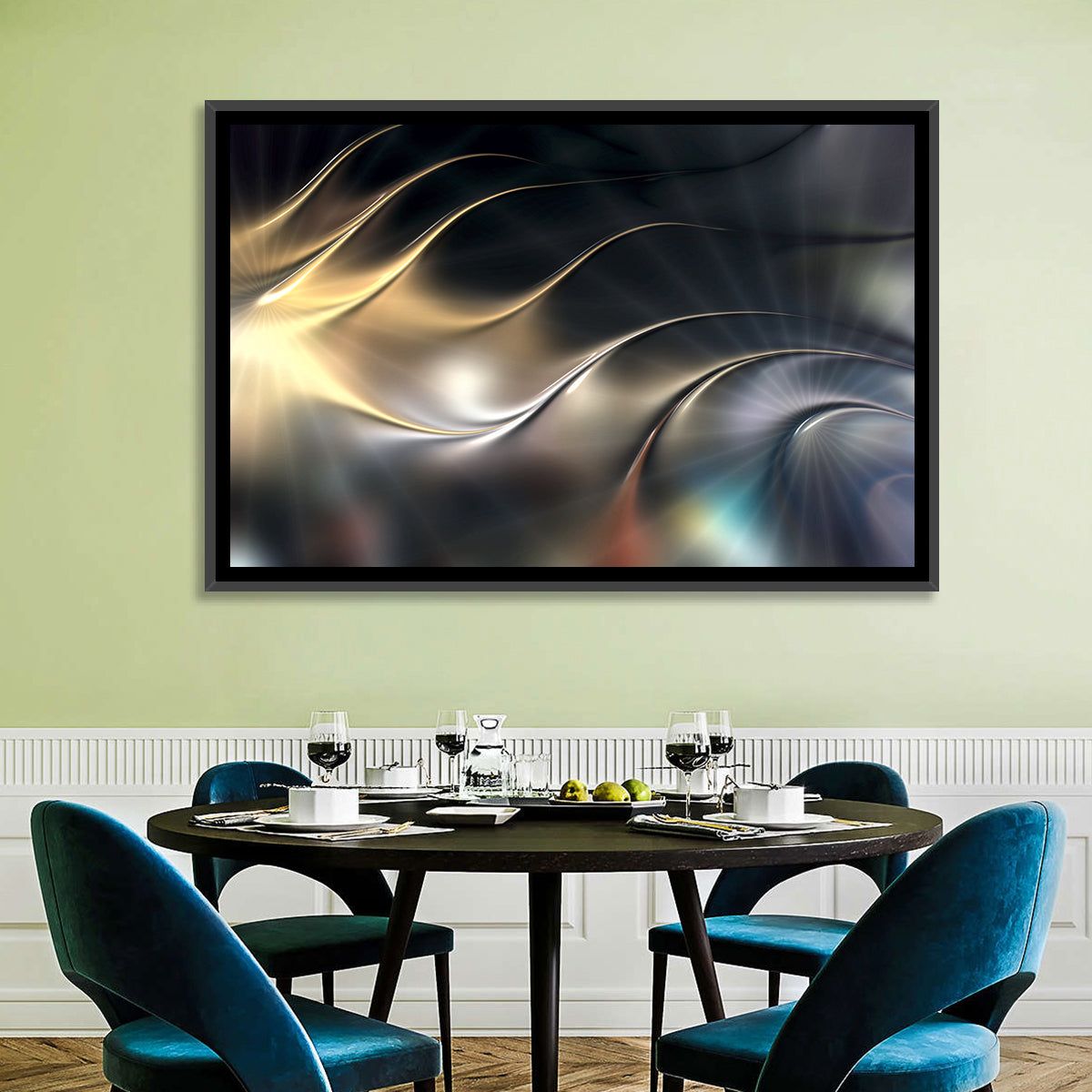 Luminous Metallic Wave Wall Art in a room, landscape