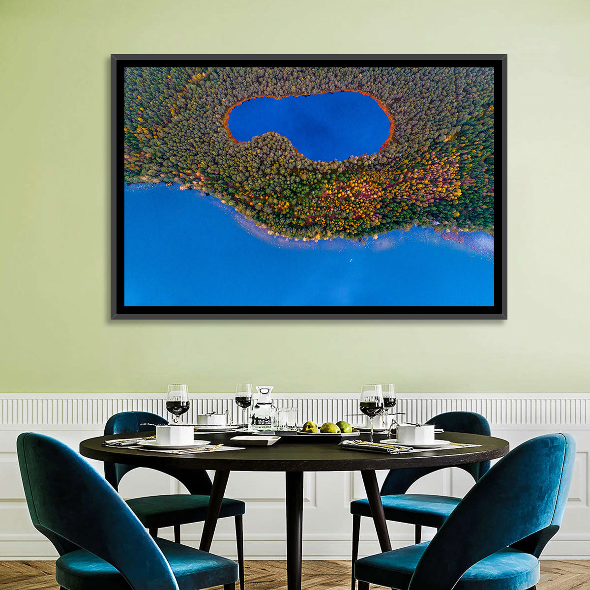 Autumn Forest Lake Wall Art in a room, landscape