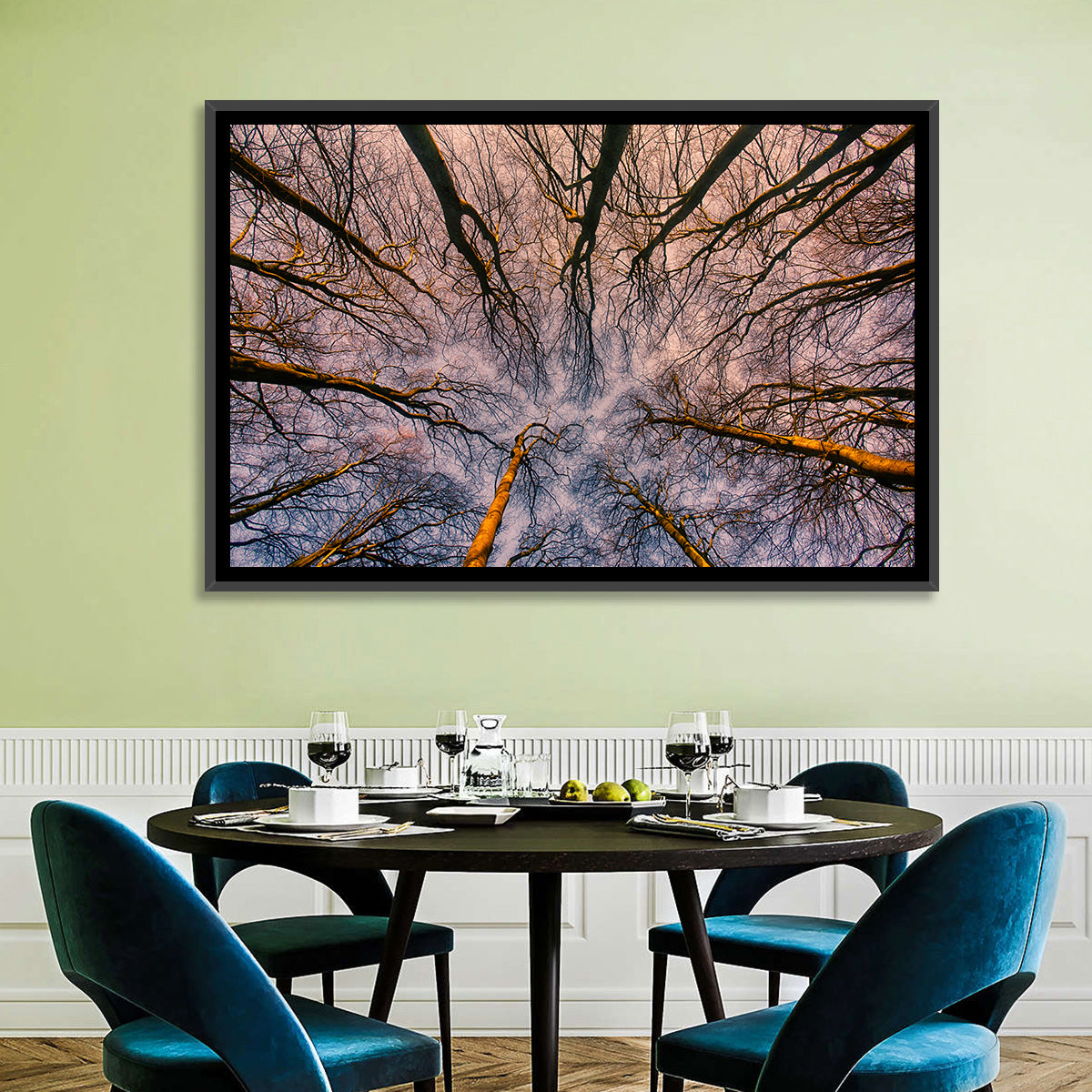 Misty Forest Canopy Wall Art in a room, landscape