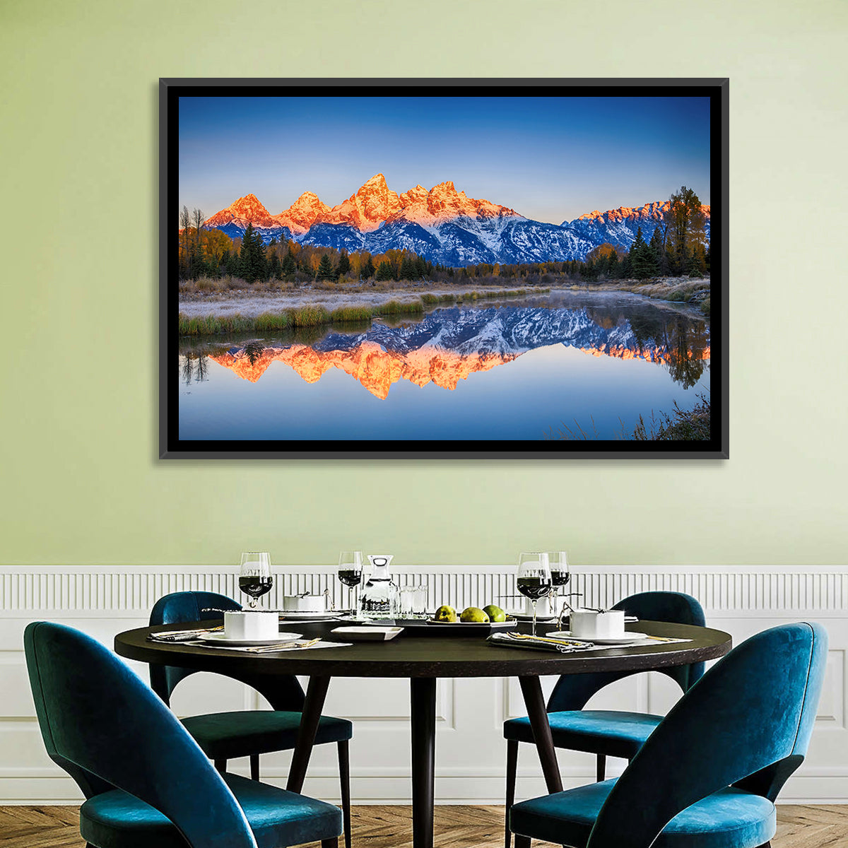 Schwabacher Landing, Grand Teton Sunrise Wall Art in a room, landscape