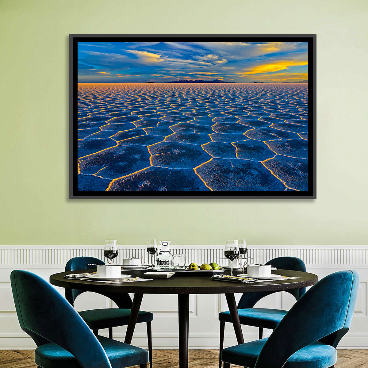 Salar De Uyuni Salt Flats at Sunset Wall Art in a room, landscape