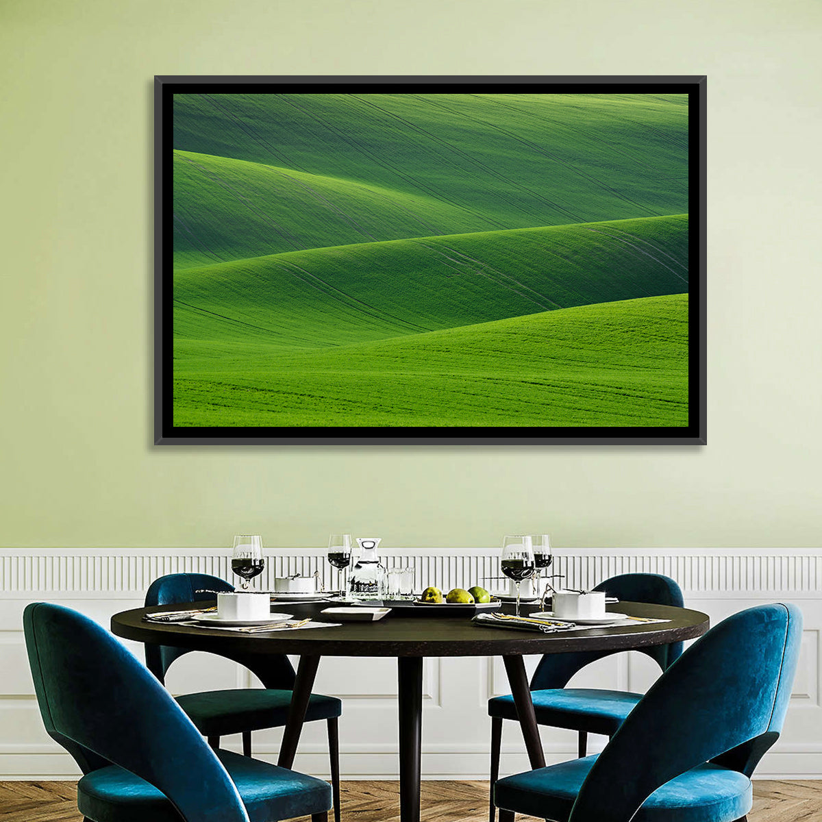 Rolling Emerald Wheat Fields Wall Art in a room, landscape