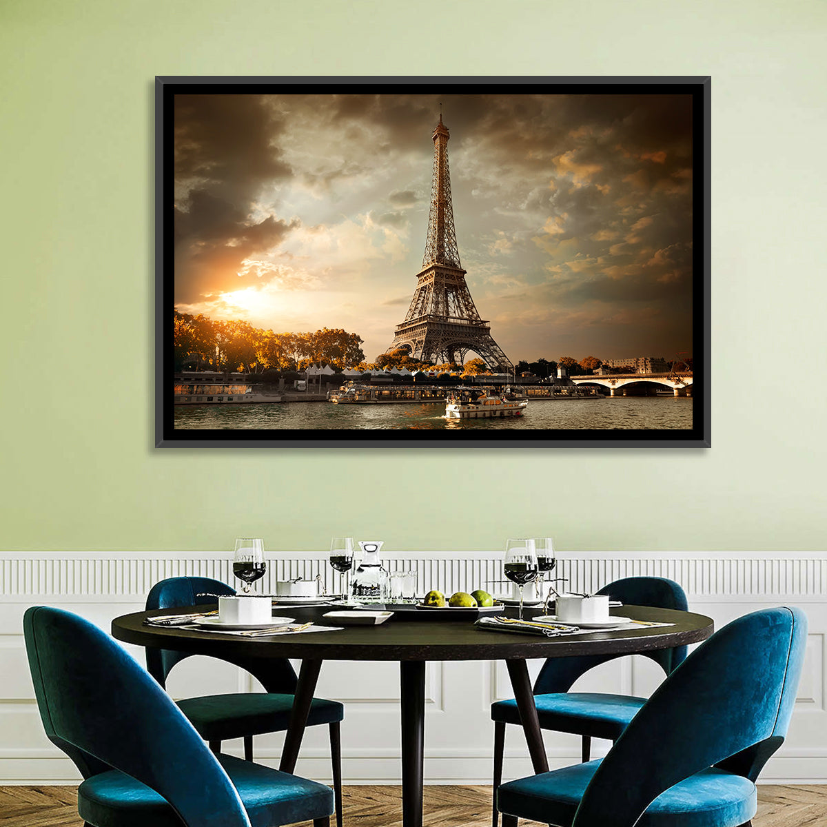 Eiffel Tower at Sunset Wall Art in a room, landscape