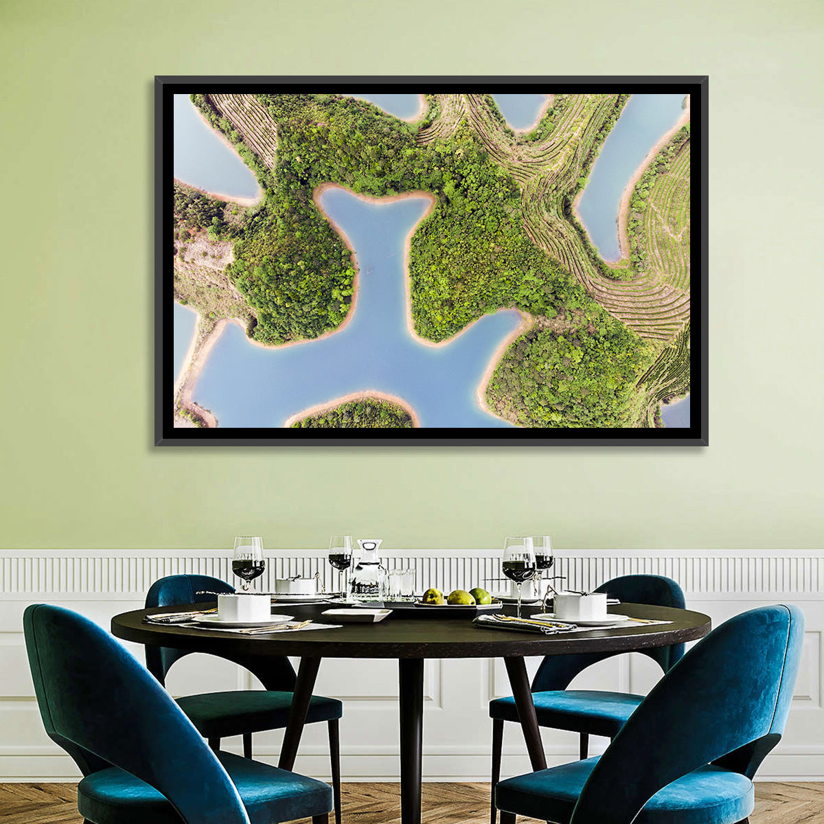 Thousand Island Lake Aerial View Wall Art in a room, landscape