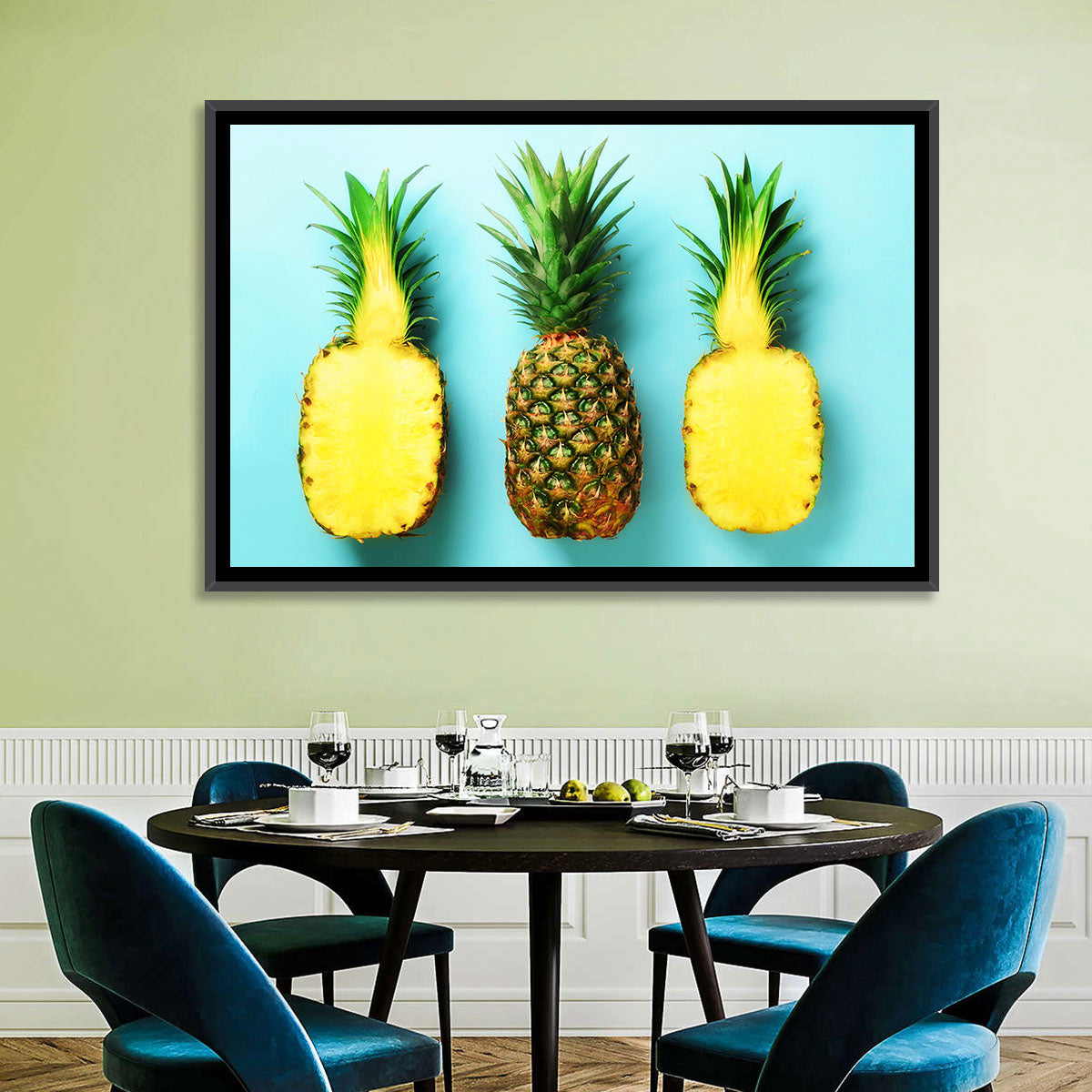 Three Pineapples Minimalist Design Wall Art in a room, landscape