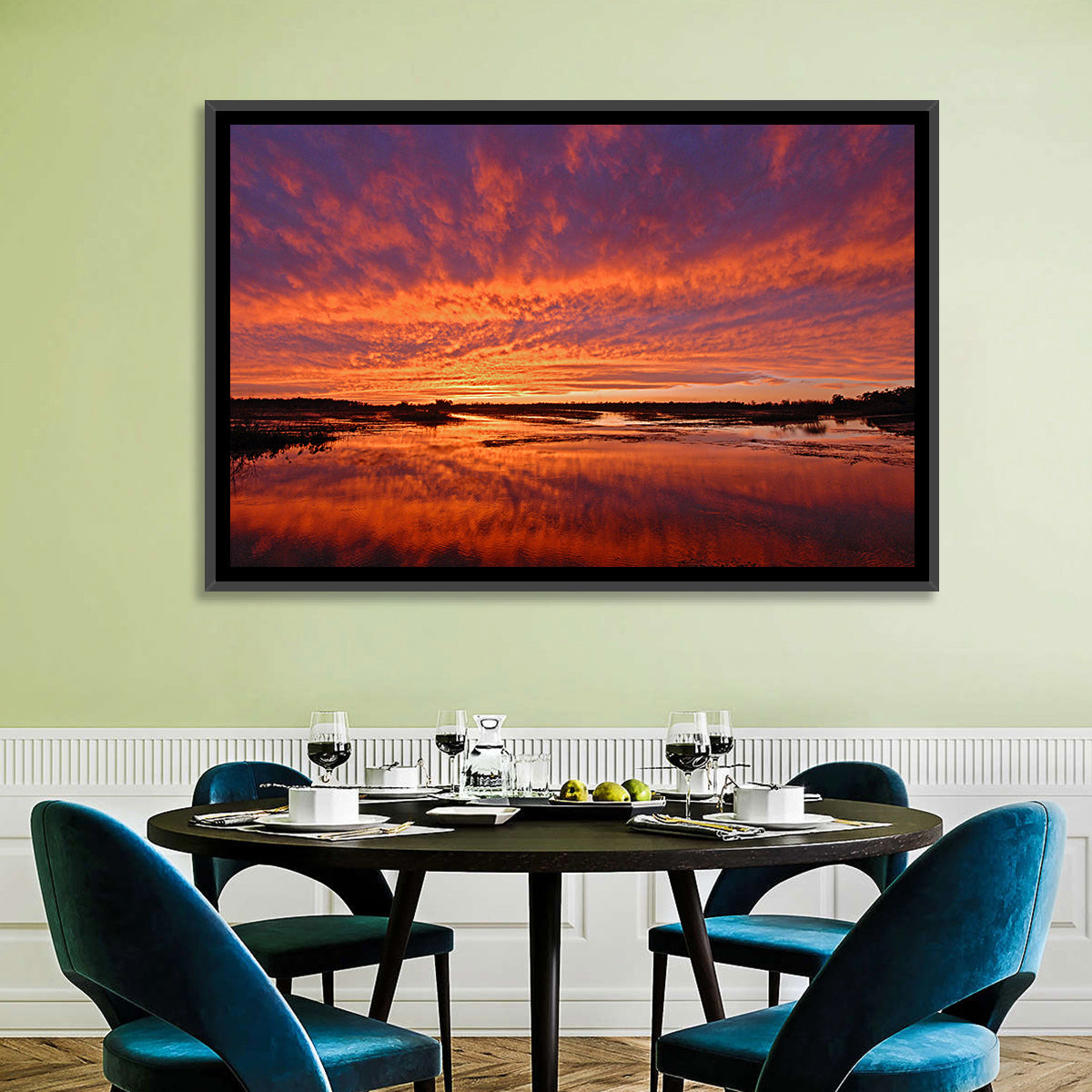 Louisiana Wetland Sunset Wall Art in a room, landscape