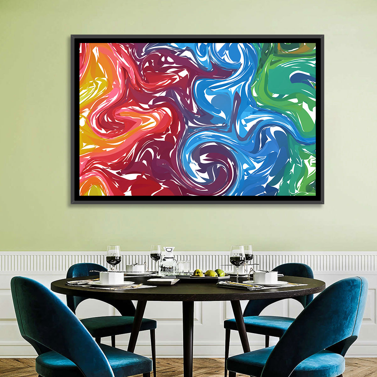Marbled Color Flow Abstract Wall Art in a room, landscape