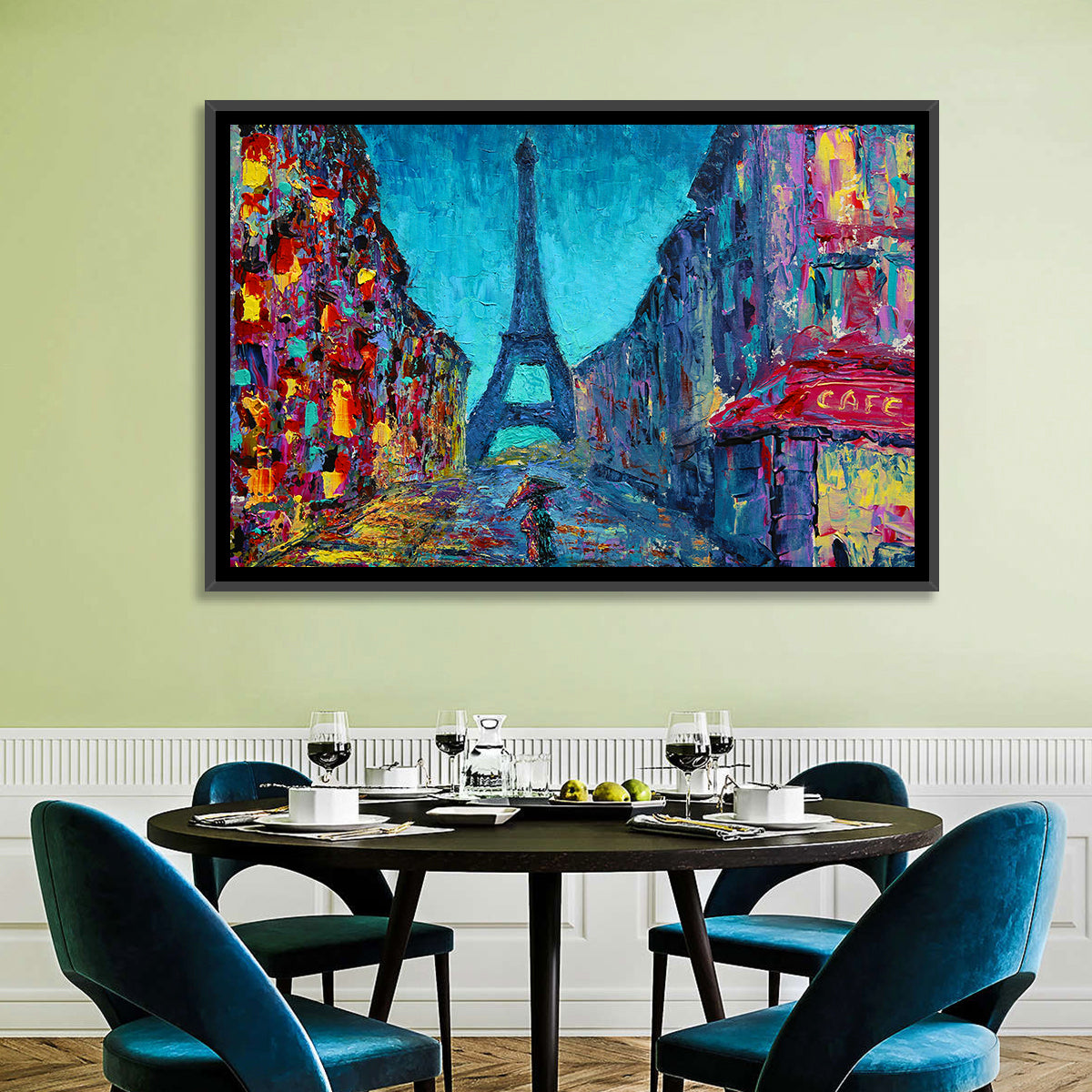 Rainy Paris Street with Eiffel Tower Wall Art in a room, landscape
