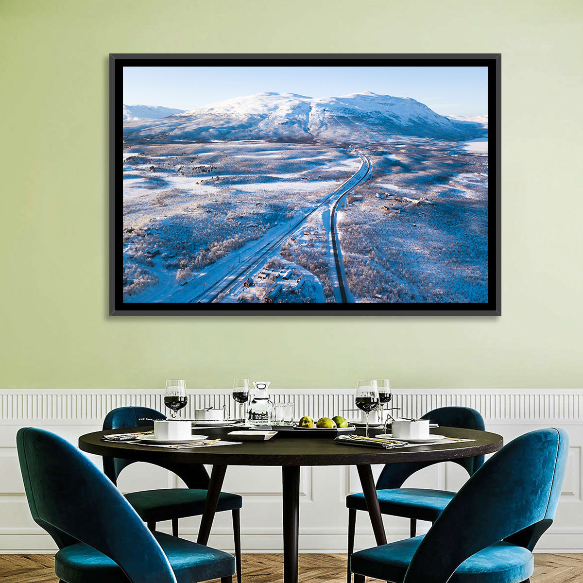 Snowy Valley with Parallel Tracks Wall Art in a room, landscape
