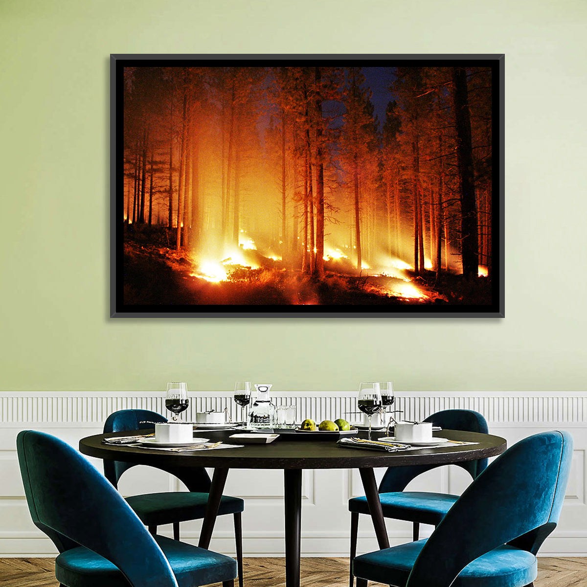 Night Forest Fire Wall Art in a room, landscape